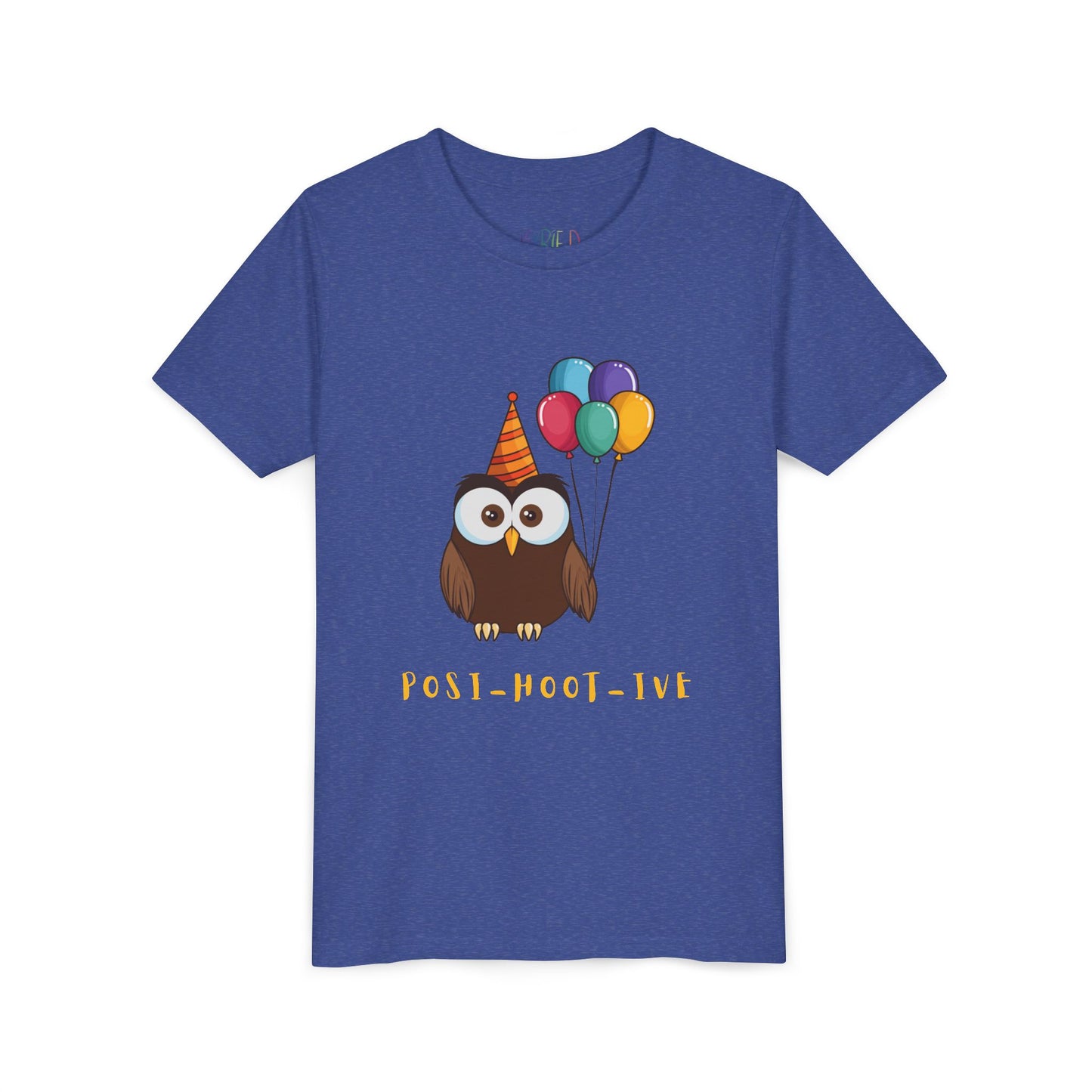 Blue t-shirt with an owl wearing a party hat and balloons, and the text 'POST-HOOT-IVE' 