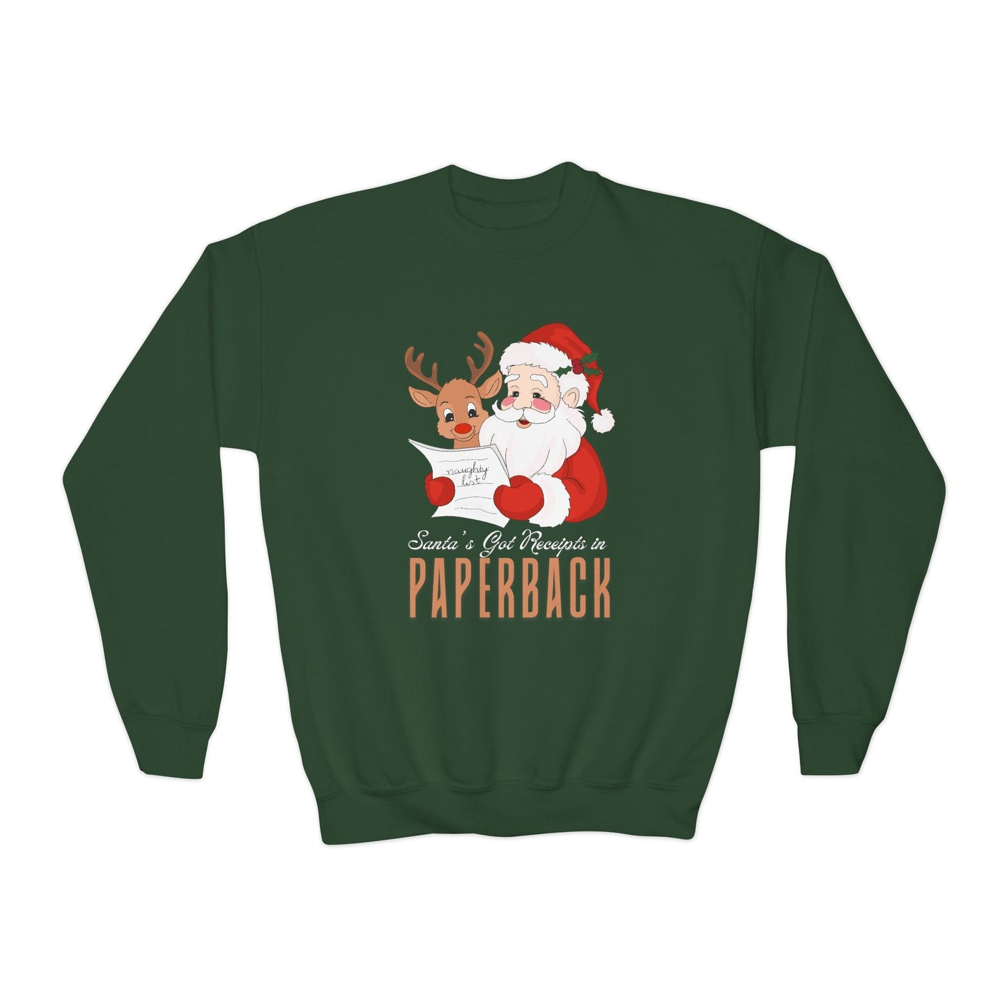 Youth Santaâ€™s Got Receipts in Paperback Sweatshirt â€“ Funny Santa & Reindeer Bookish Design Printify
