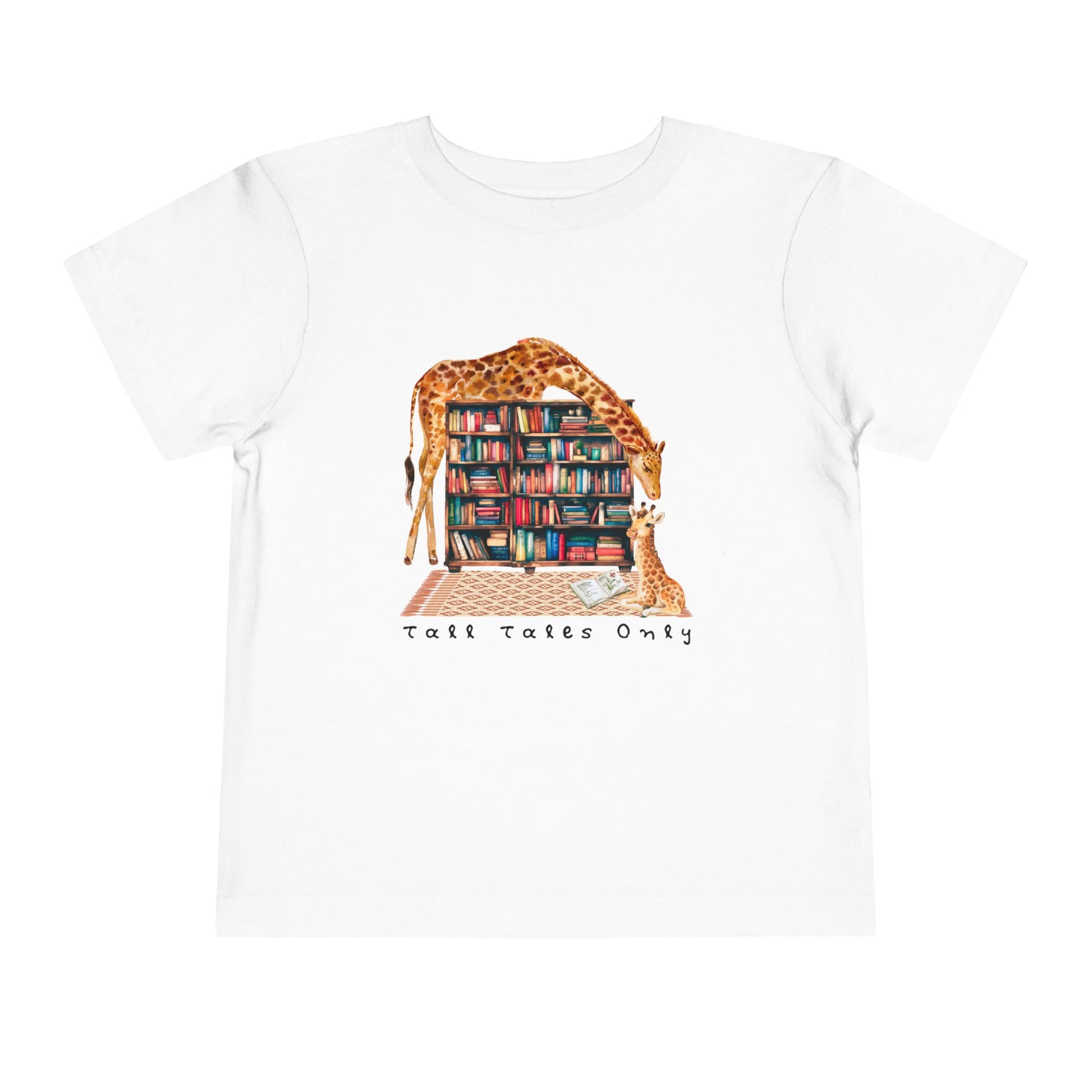 White toddler t-shirt with a mama giraffe leaning over library bookshelves to check on her little one and text 'Tall Tales Only'