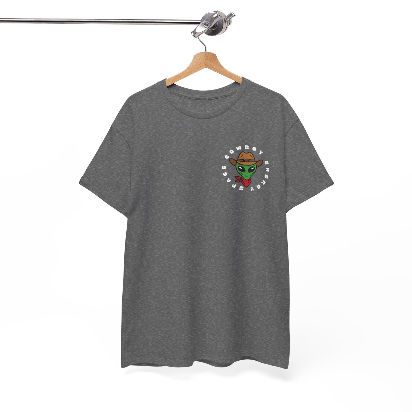 Gray t-shirt with a small space cowboy alien in the top corner, circled by text 'Space Cowboy Energy' 