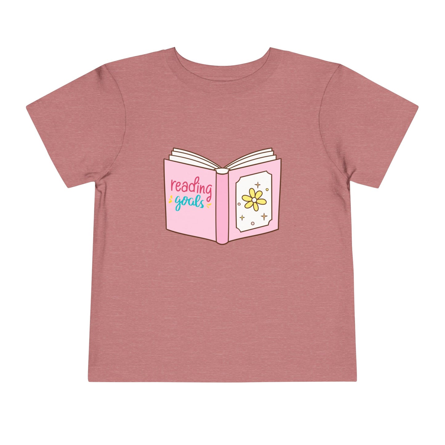 Mauve toddler t-shirt with a pink book graphic and 'reading goals' text 