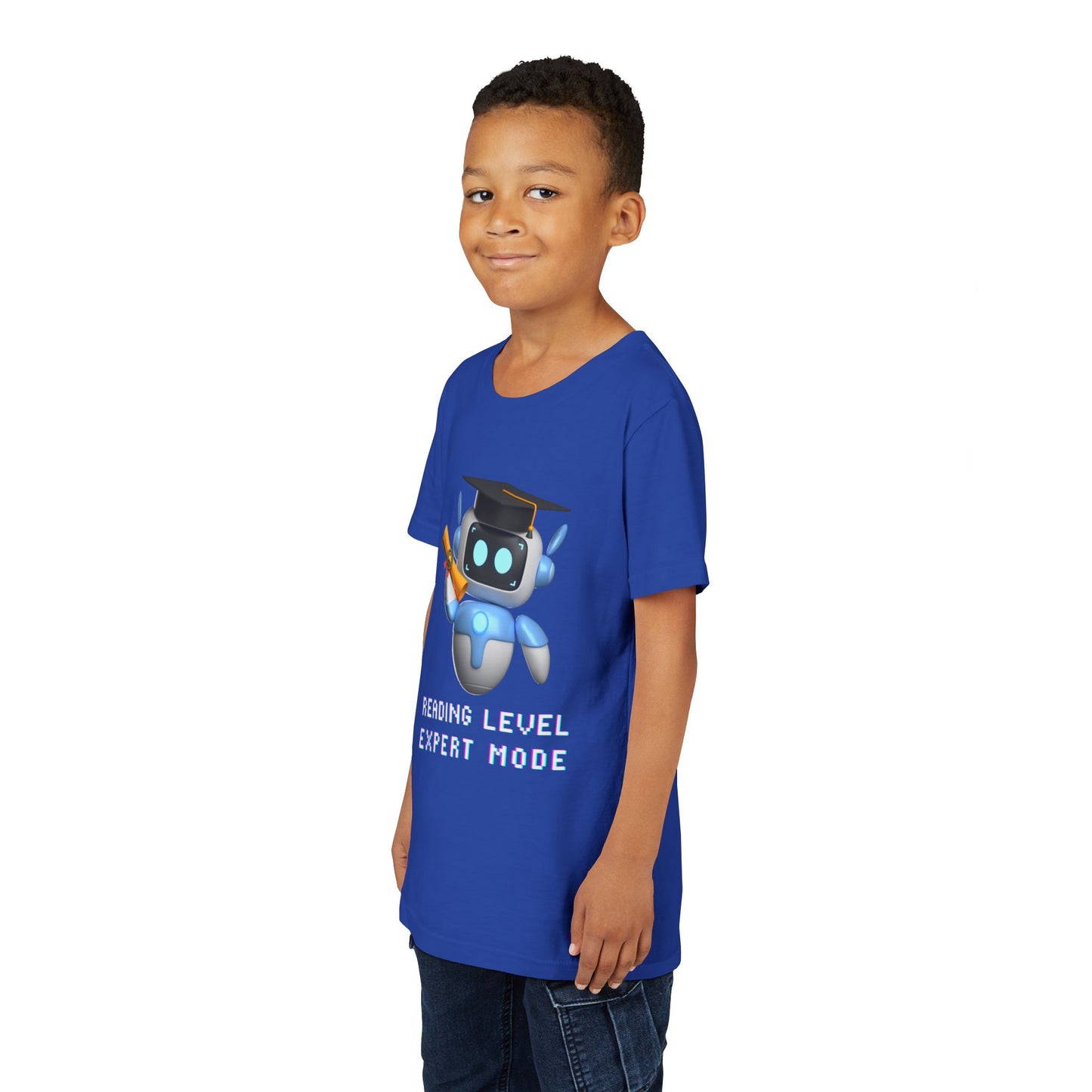 Boy wearing a blue t-shirt with a robot graduate and text 'Reading Level Expert Mode' 