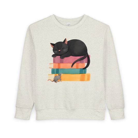 Toddler Cat Nap Story Stack Sweatshirt – Cozy Reading Cat & Mouse Crewneck for Book-Loving Kids
