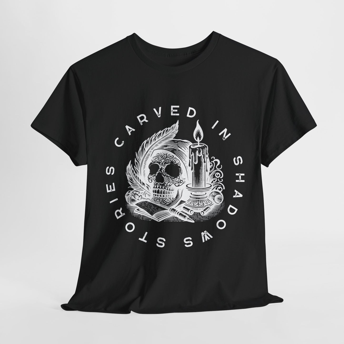 Teen/Adult Unisex Stories Carved in Shadows T-Shirt – Gothic Horror Reader Tee