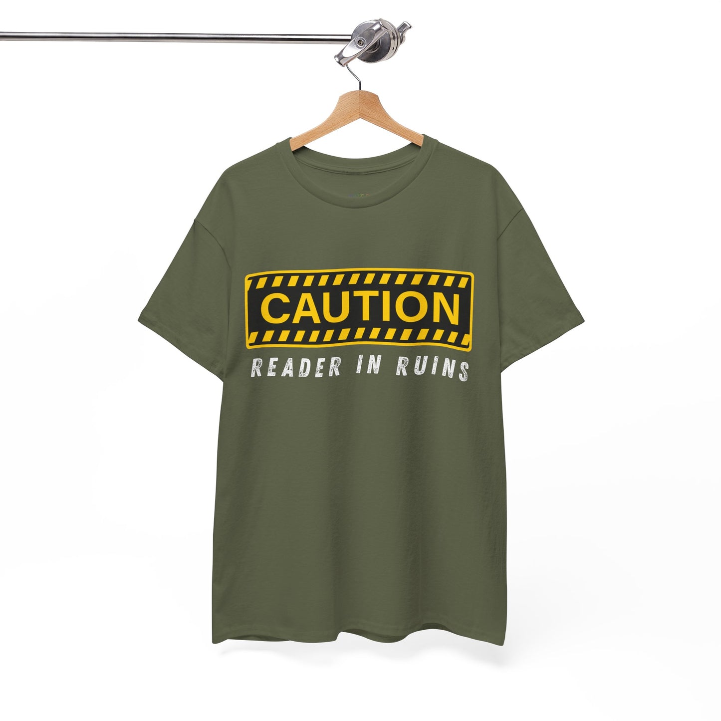 Green t-shirt with yellow and black 'Caution' graphic and text beneath ' Reader In Ruins'