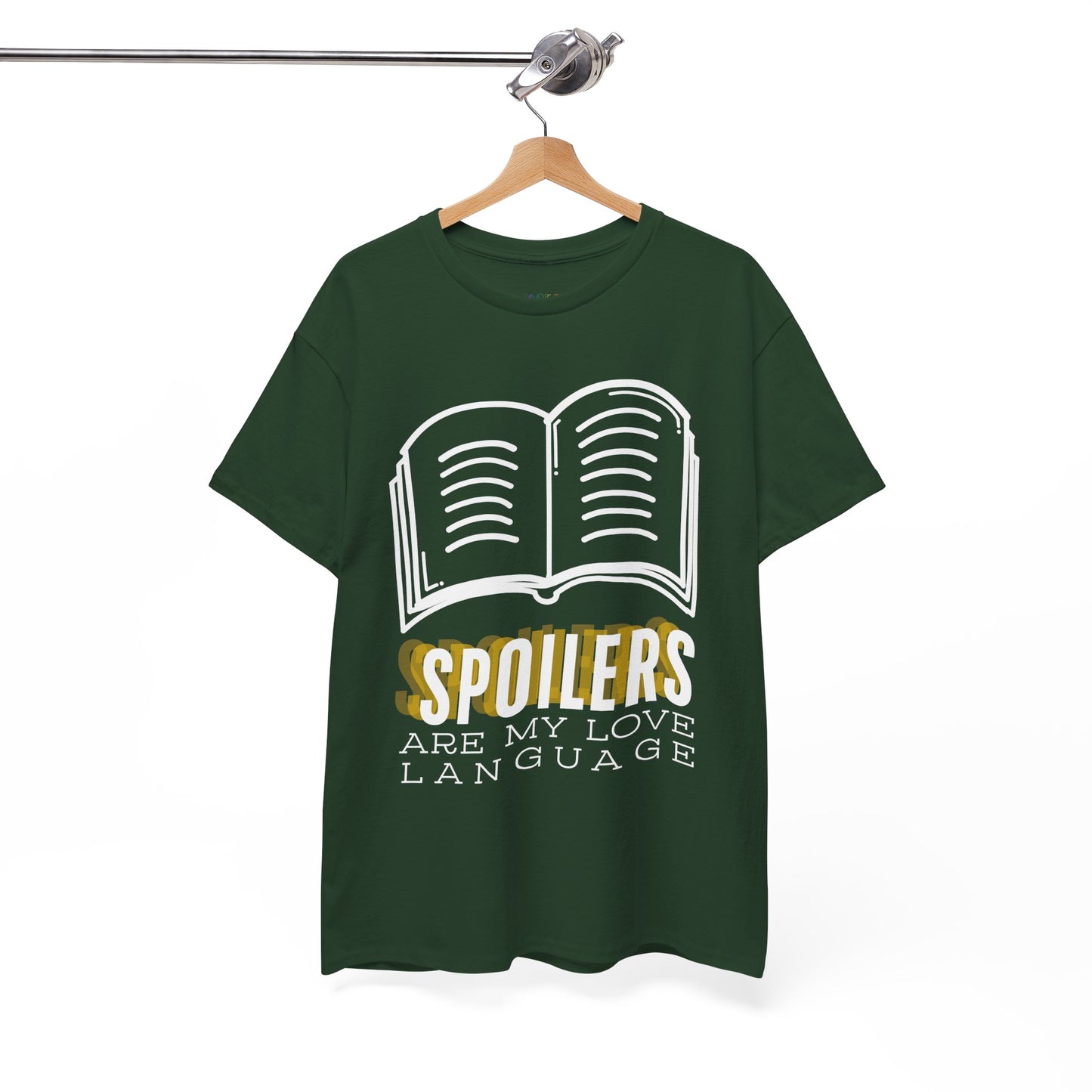 Green t-shirt with a white book graphic and text 'SPOILERS are my love language'