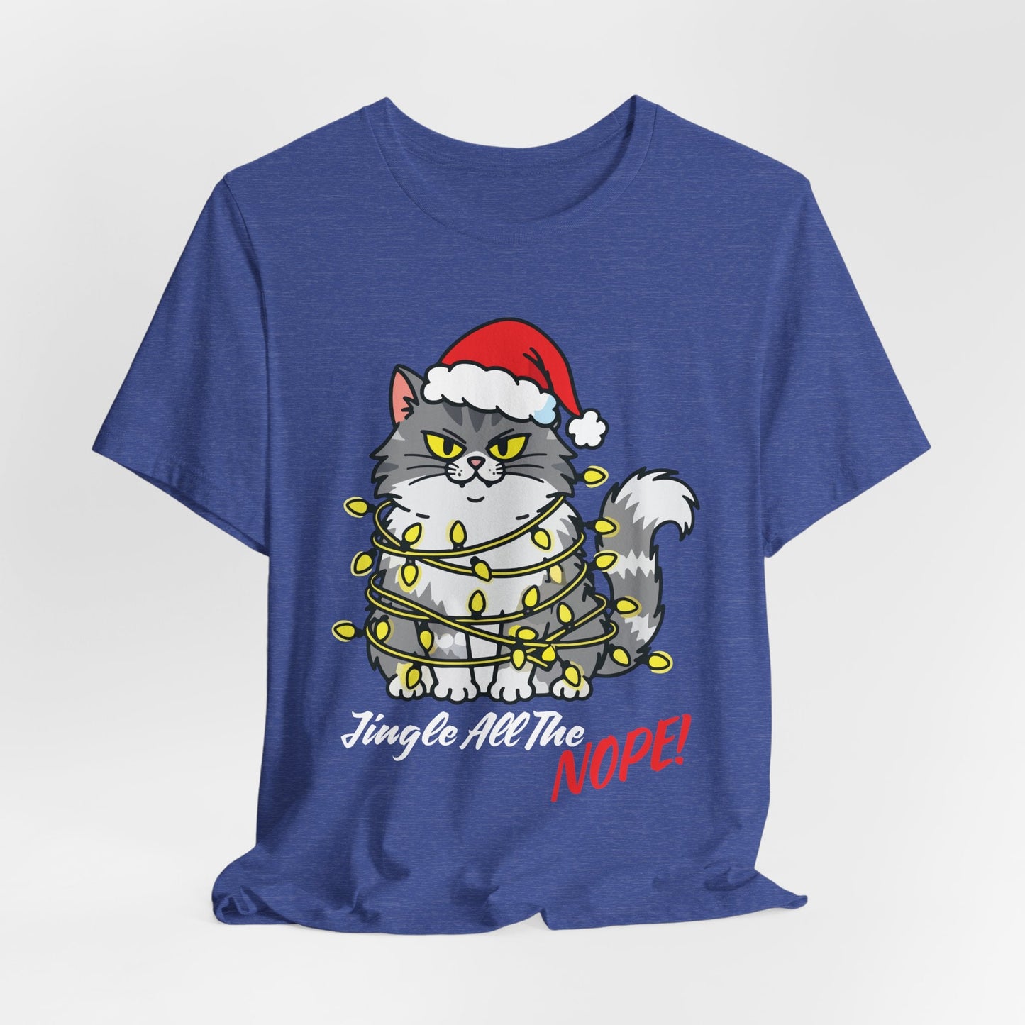 Teen/Adult Unisex Jingle All The Nope T-Shirt â€“ Grumpy Cat Christmas Lights Design Printify