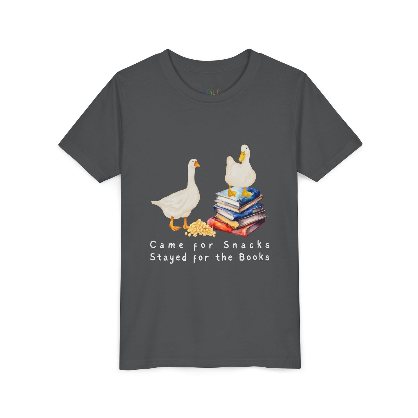Gray t-shirt with cartoon ducks, snacks, books and text 'Came For Snacks Stayed For The Books'