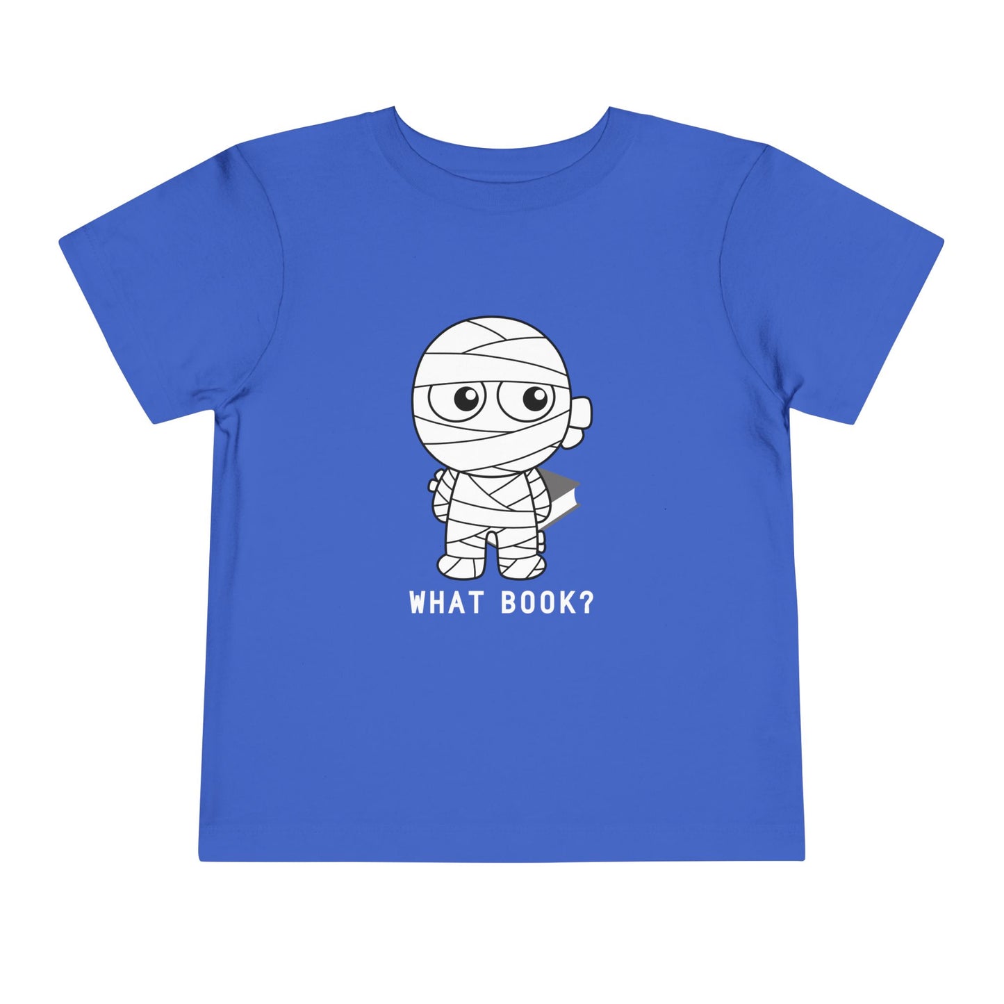 Blue toddler t-shirt with a sheepish mummy holding a book behind it's back and text 'WHAT BOOK?' 