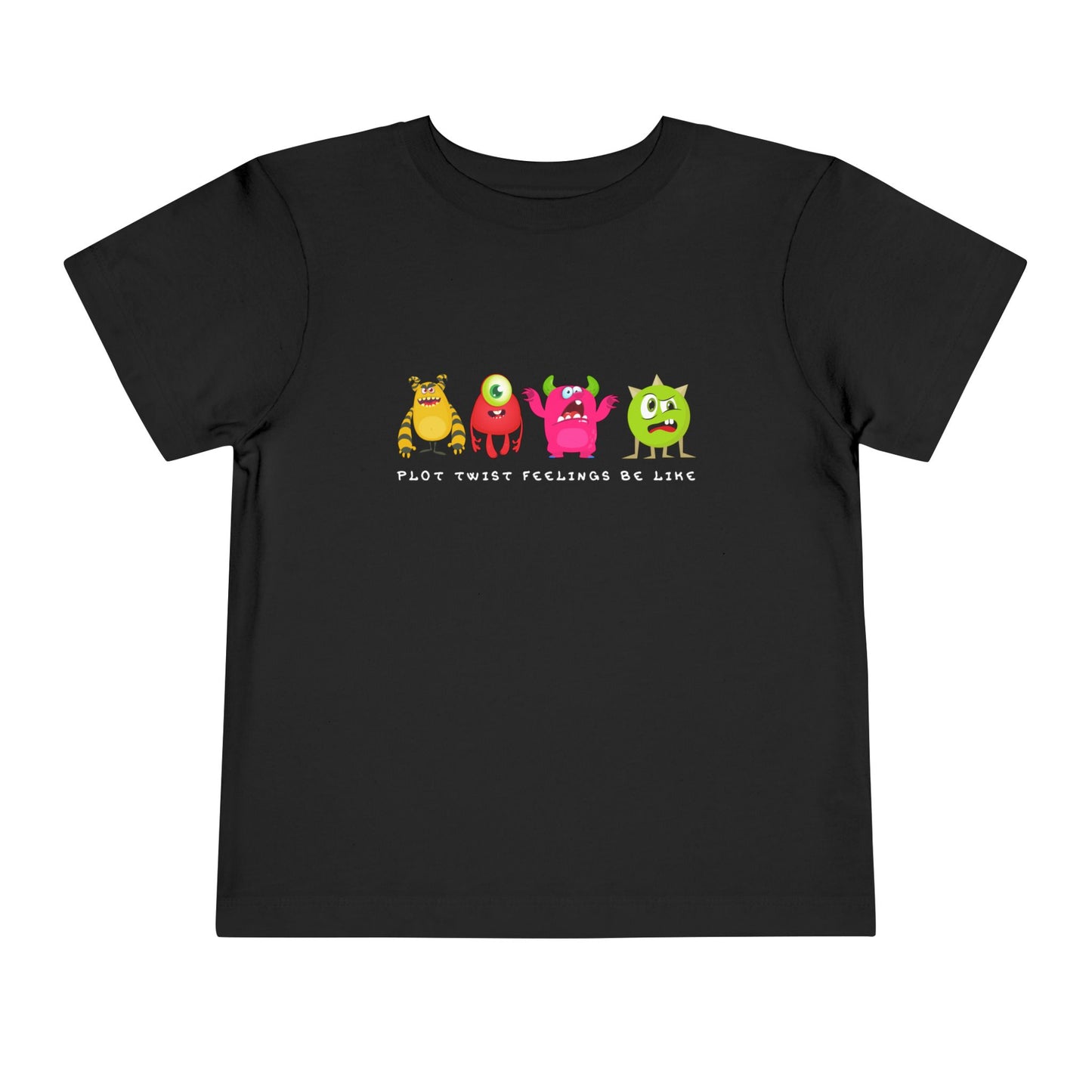 Black toddler t-shirt with colorful cartoon monsters in a row with grumpy, confused and bewildered faces, text 'plot twist feelings be like'