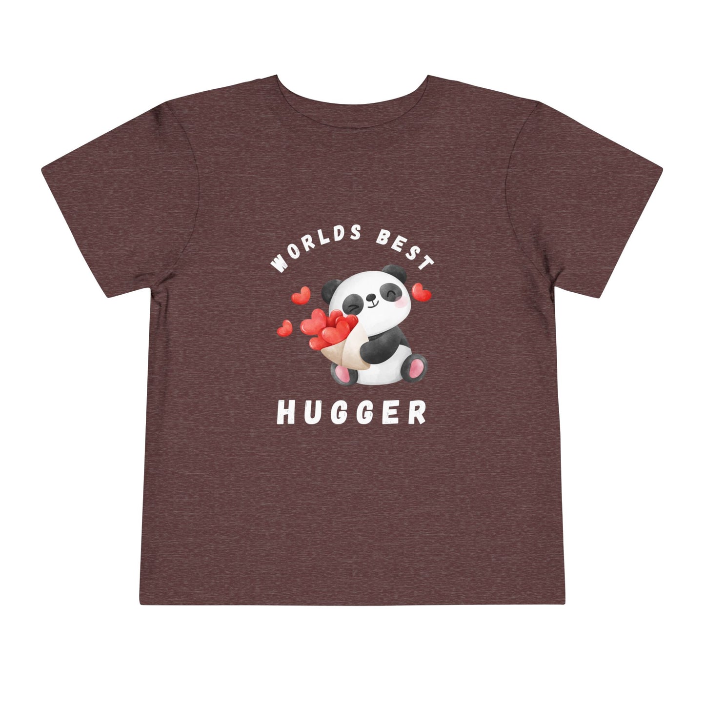 Maroon toddler t-shirt with a panda holding hearts and 'Worlds Best Hugger' text 