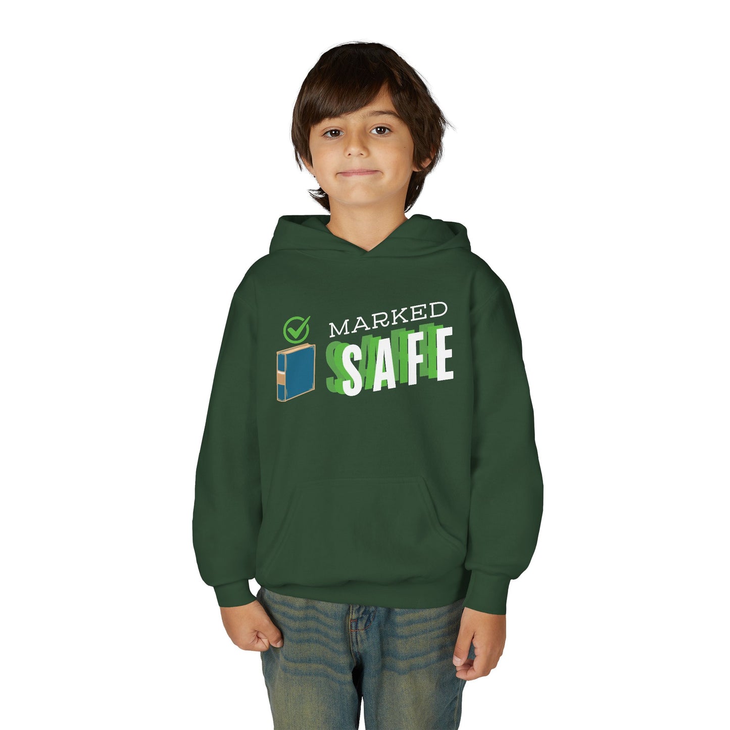 Boy wearing a dark green hoodie with 'Marked Safe' text and a book graphic 