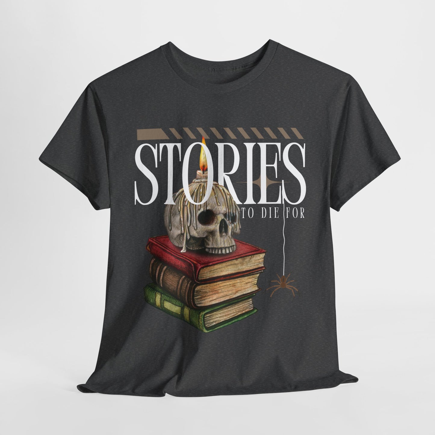 Teen/Adult Unisex Stories to Die For T-Shirt – Skull & Books Horror Reader Tee