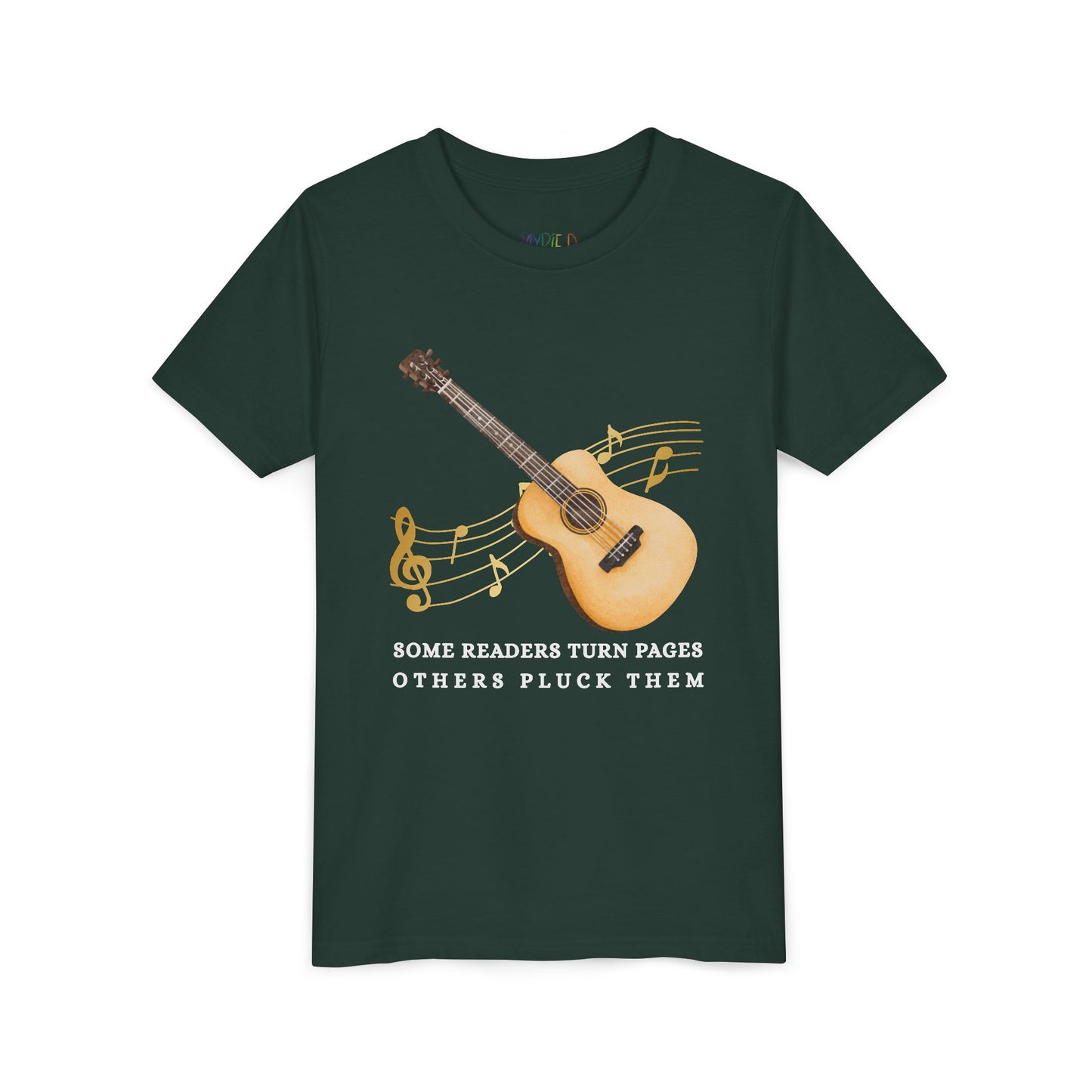 Dark green t-shirt with a guitar graphic, music notes and text 'some readers turn pages others pluck them'