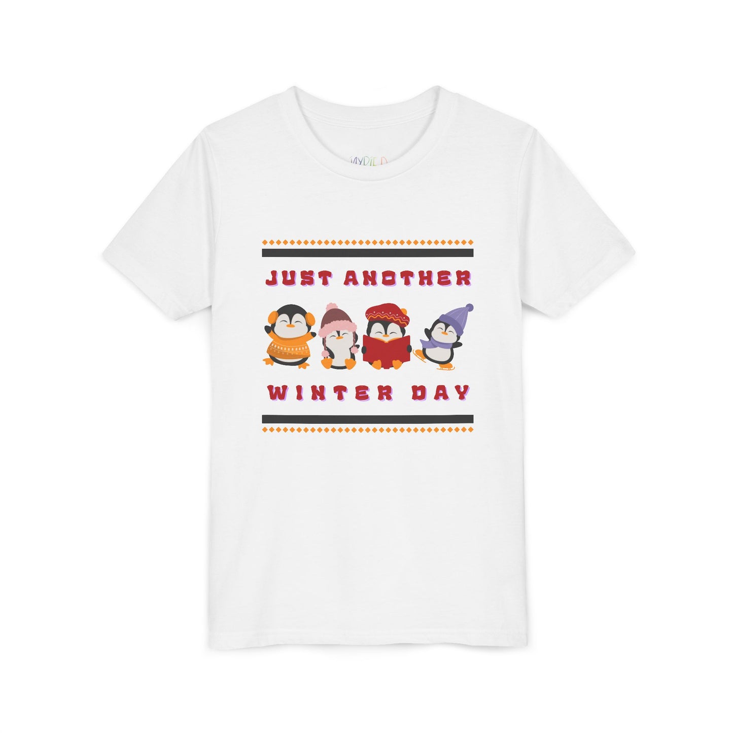 White t-shirt with a row of cartoon penguins and text 'Just Another Winter Day' on a white background