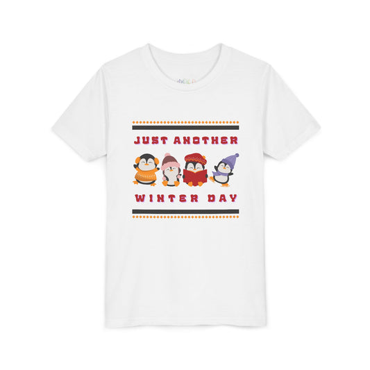 White t-shirt with a row of cartoon penguins and text 'Just Another Winter Day' on a white background