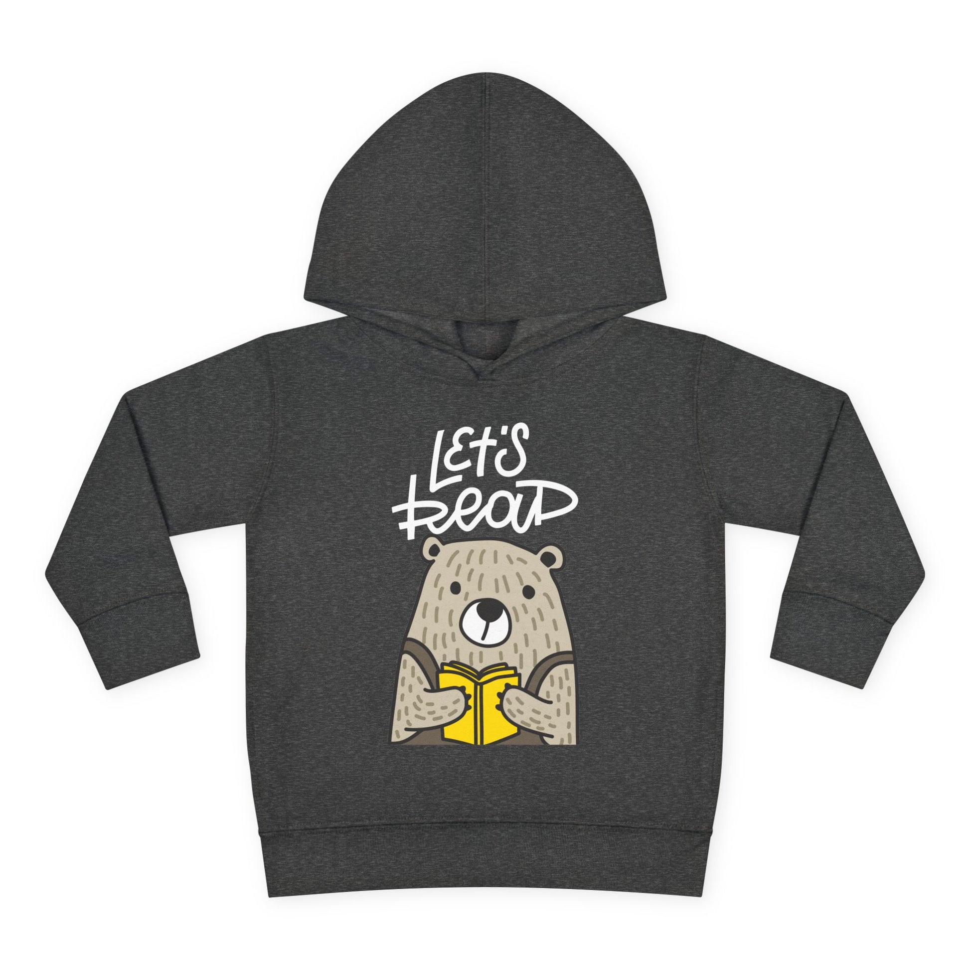 Dark gray toddler hoodie with bear graphic reading a book and 'Let's Read' text 