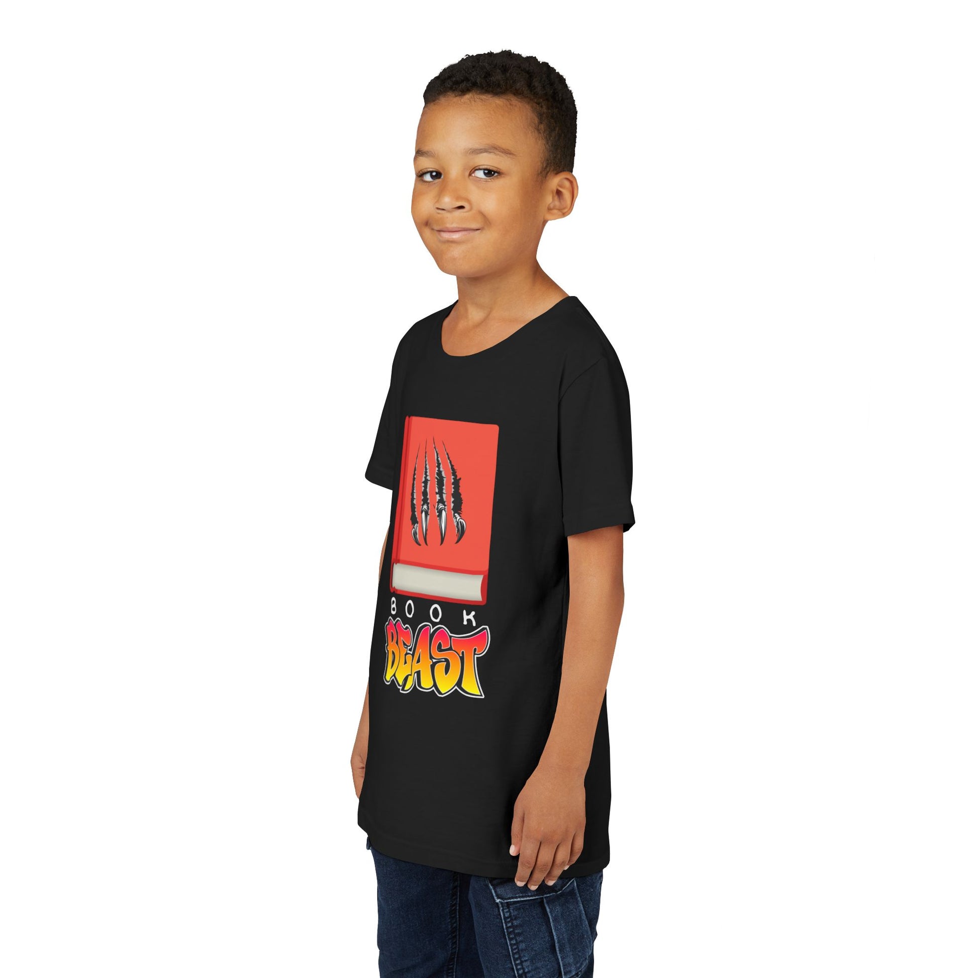 Boy wearing a black t-shirt with a graphic design of a red book with claw marks and BOOK BEAST' text 