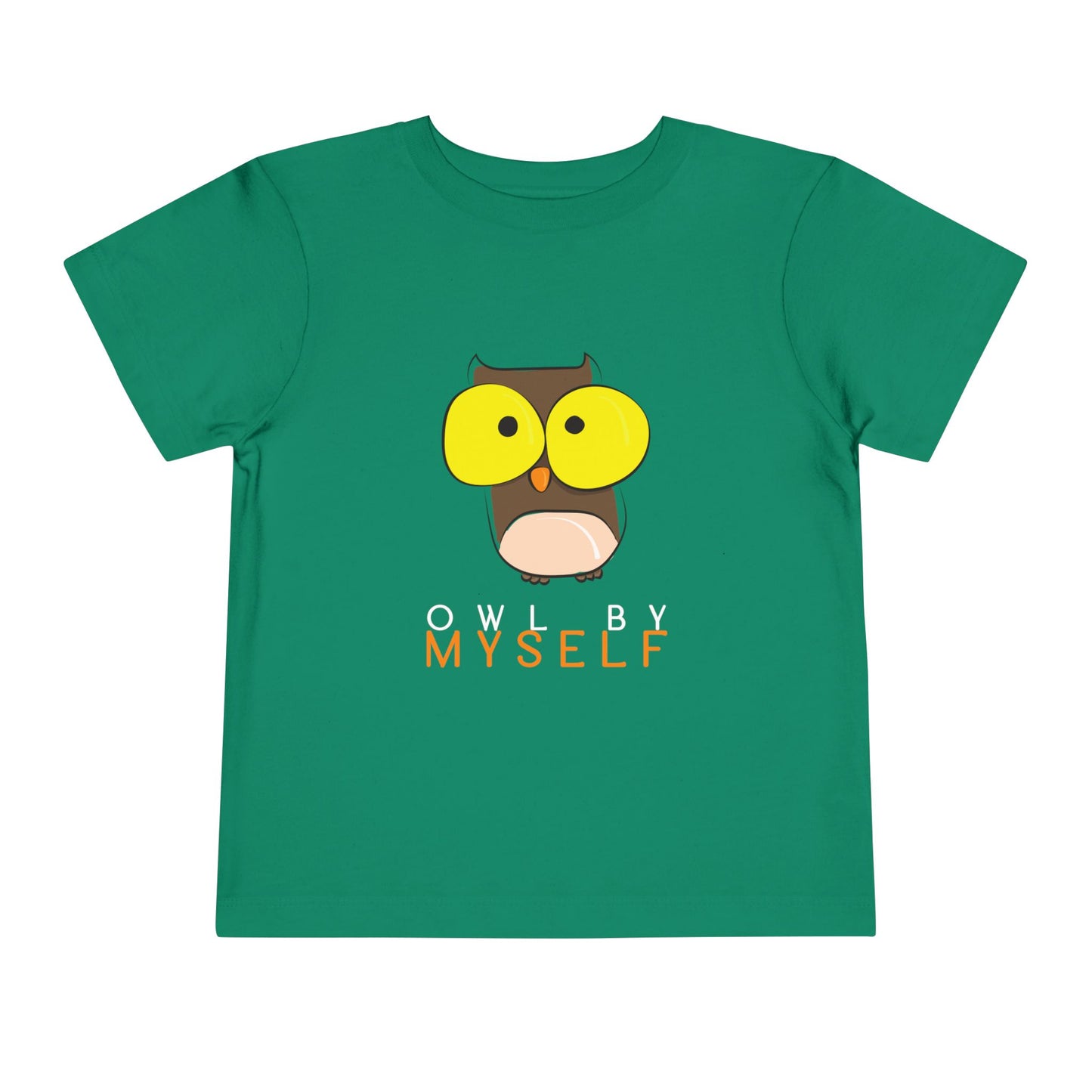 Green toddler t-shirt with an big eyed owl graphic and 'Owl by Myself' text 