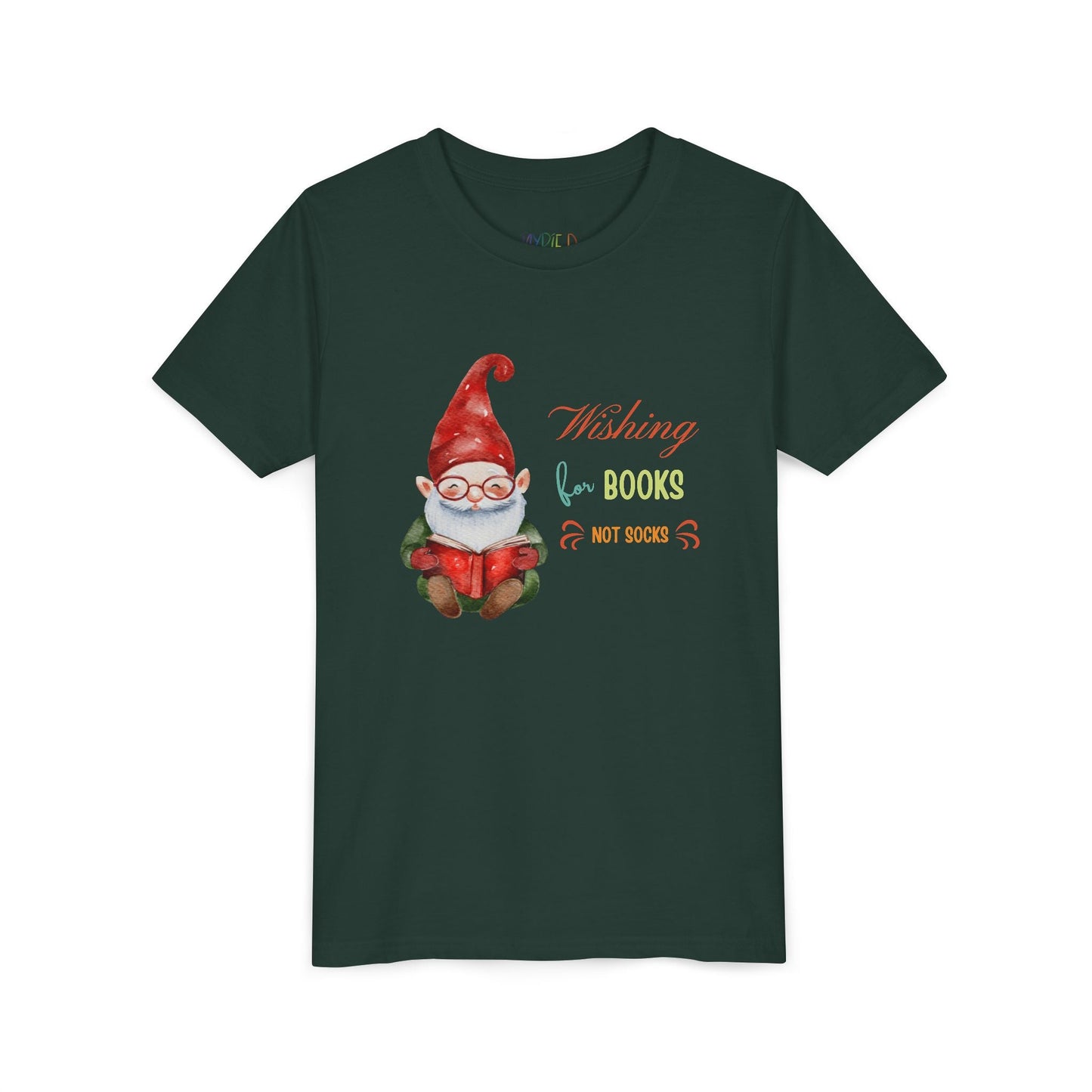 Youth Wishing for Books Not Socks T-Shirt â€“ Holiday Gnome Reading Design Printify