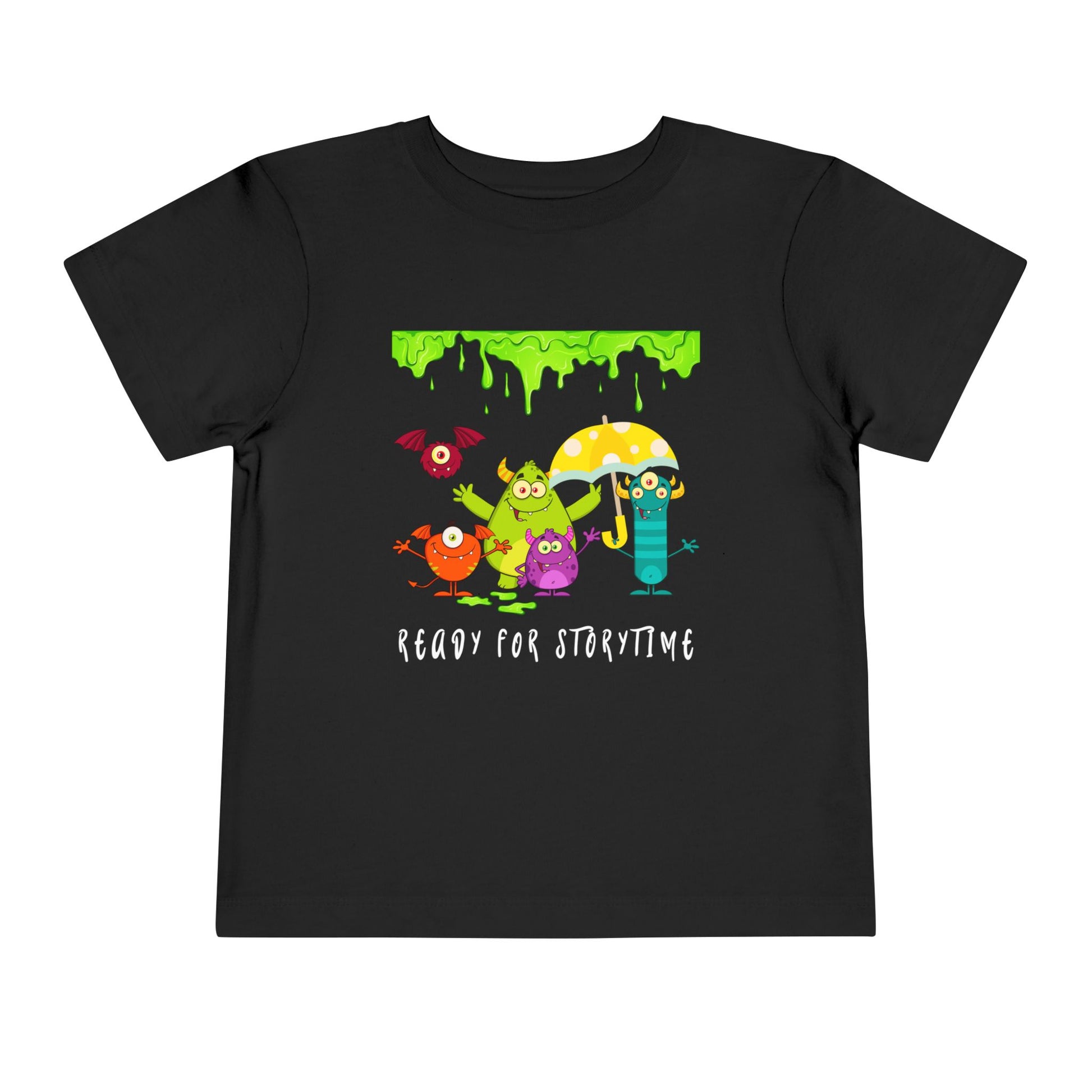 Black toddler t-shirt with colorful monster characters, an umbrella and green dripping slime, 'Ready for Storytime' text 