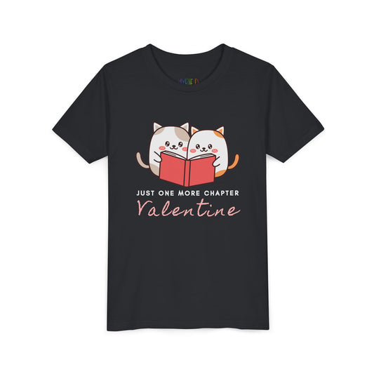 Black t-shirt with two cartoon cats reading a book and 'Just One More Chapter Valentine' text 