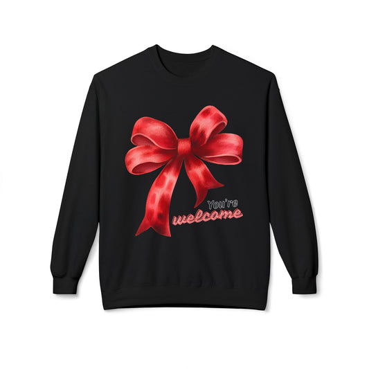 Black sweatshirt with a big red bow and 'You're welcome' text on a white background