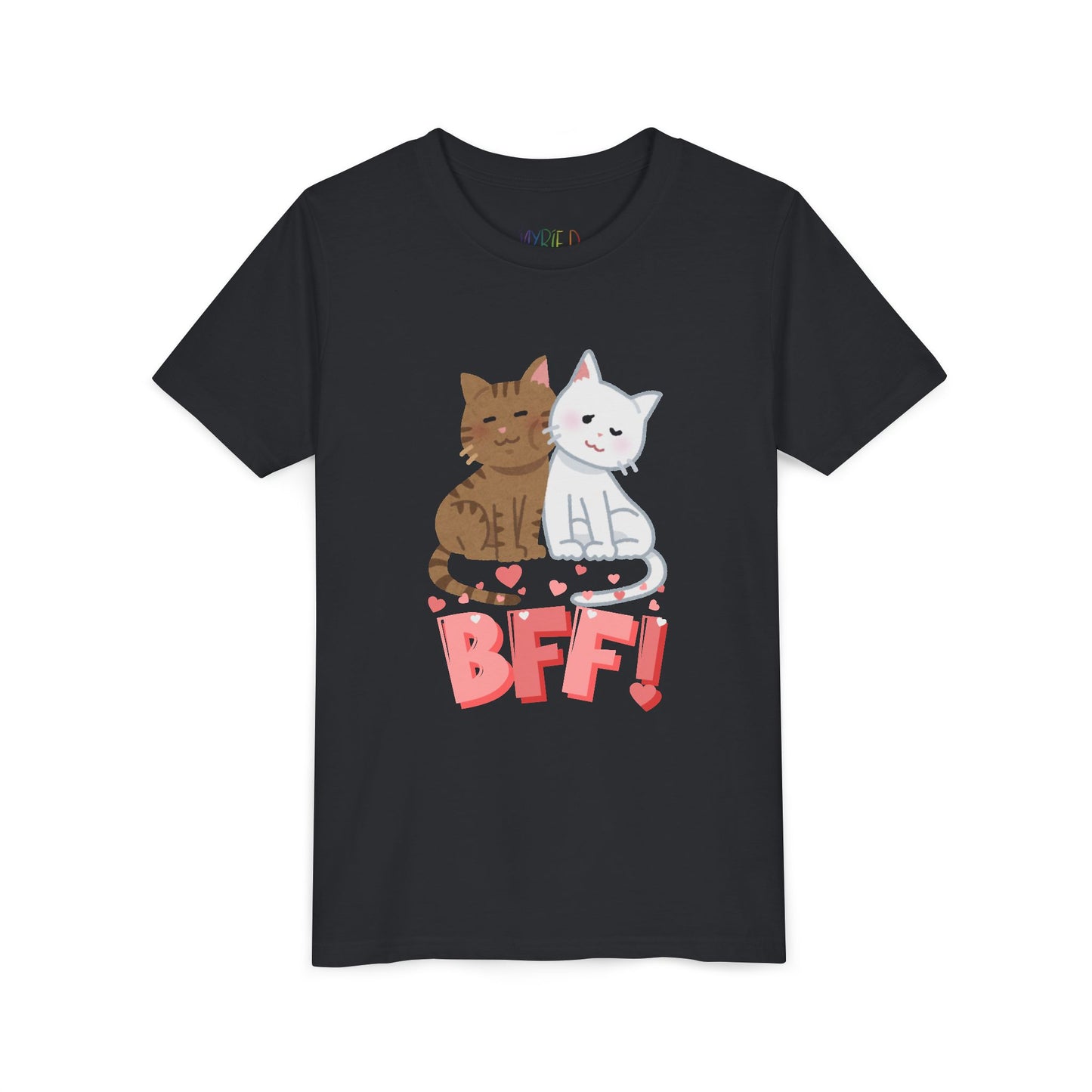 Black t-shirt with two cats snuggled up with hearts and 'BFF!' text