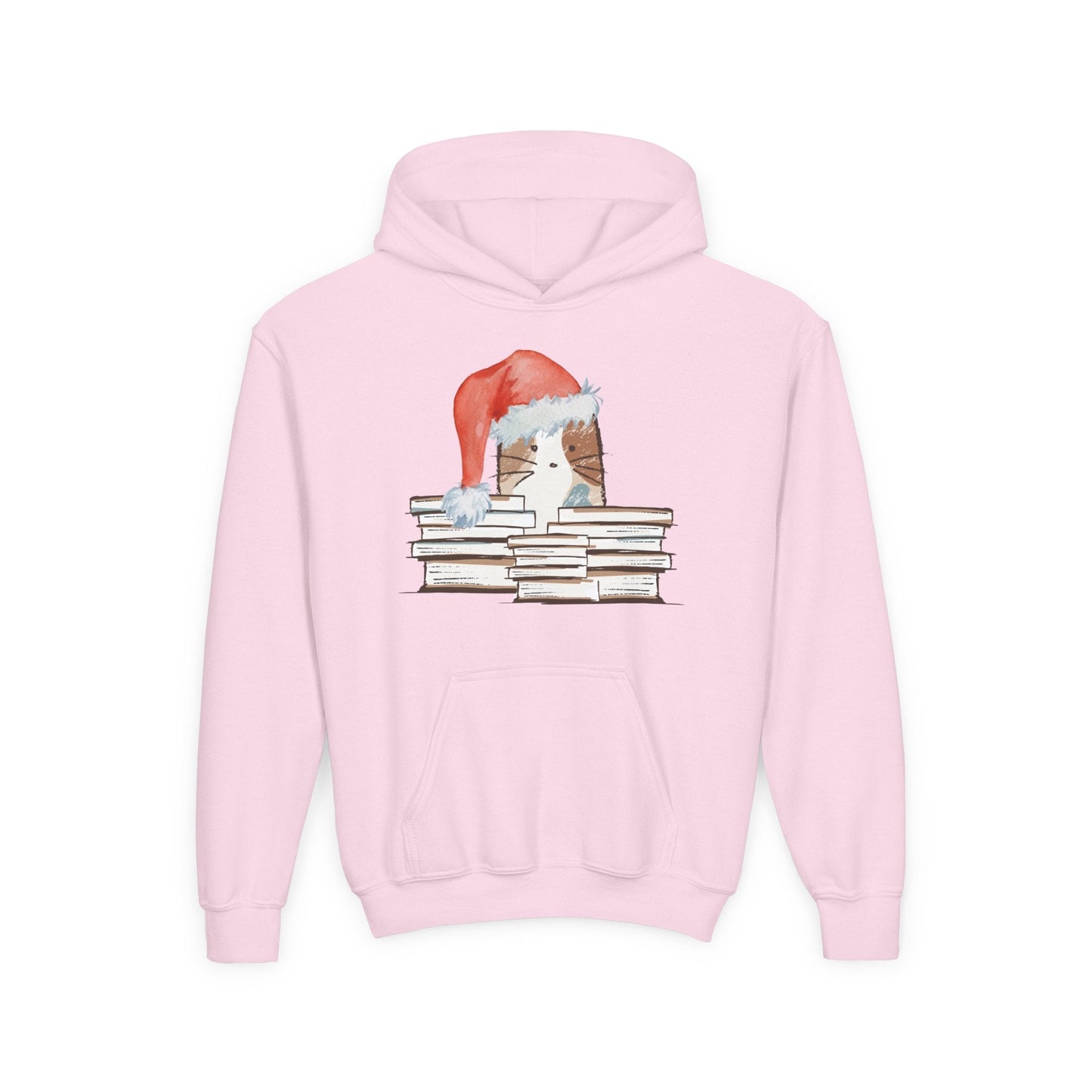 Youth Santa Cat & Books Hoodie â€“ Cozy Holiday Reading Design Printify