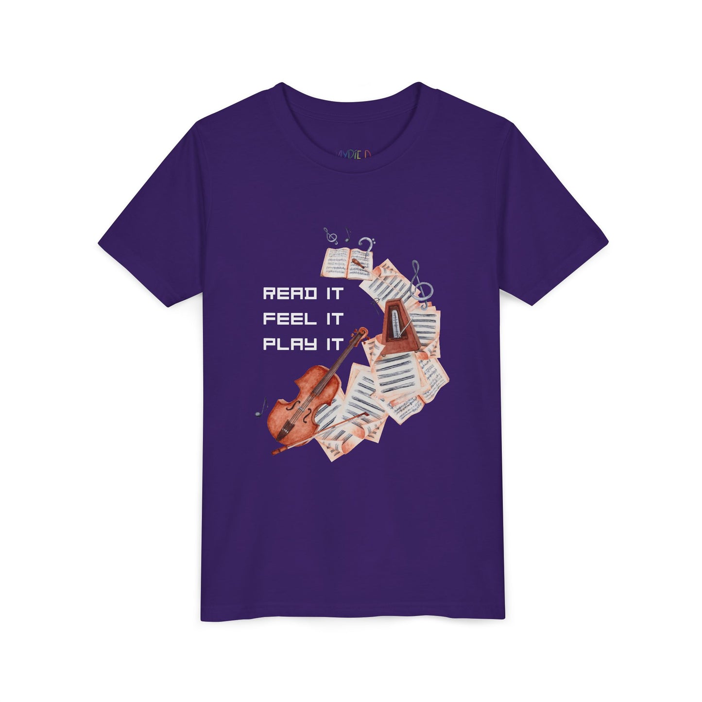 Purple t-shirt with swirling music sheets, metronome, violin and text 'Read It. Feel It. Play It.'
