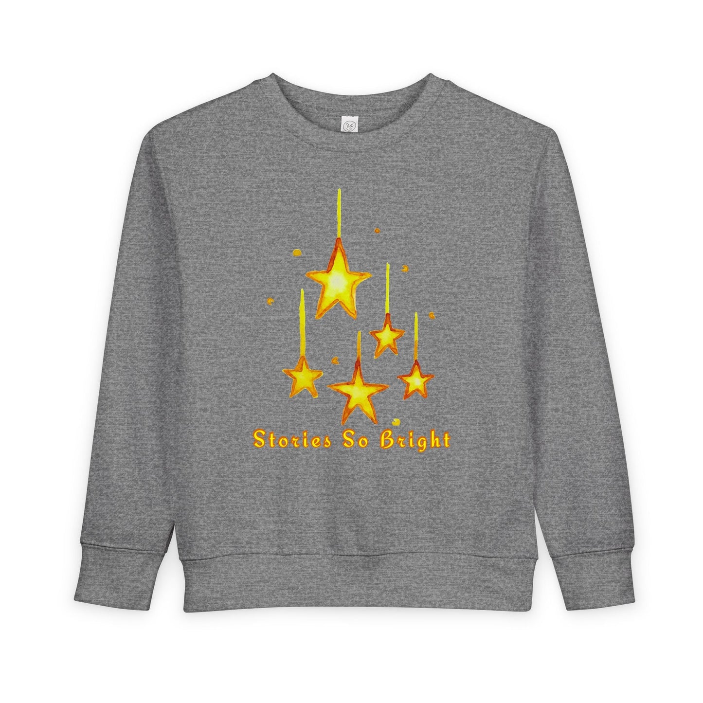 Gray toddler sweatshirt with yellow star design and 'Stories So Bright' text on a white background