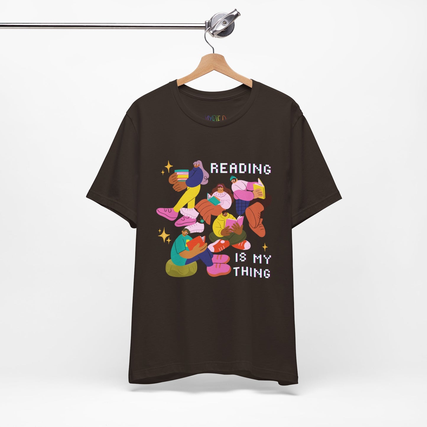 Black t-shirt with colorful modern people reading books and 'Reading is my thing' text 