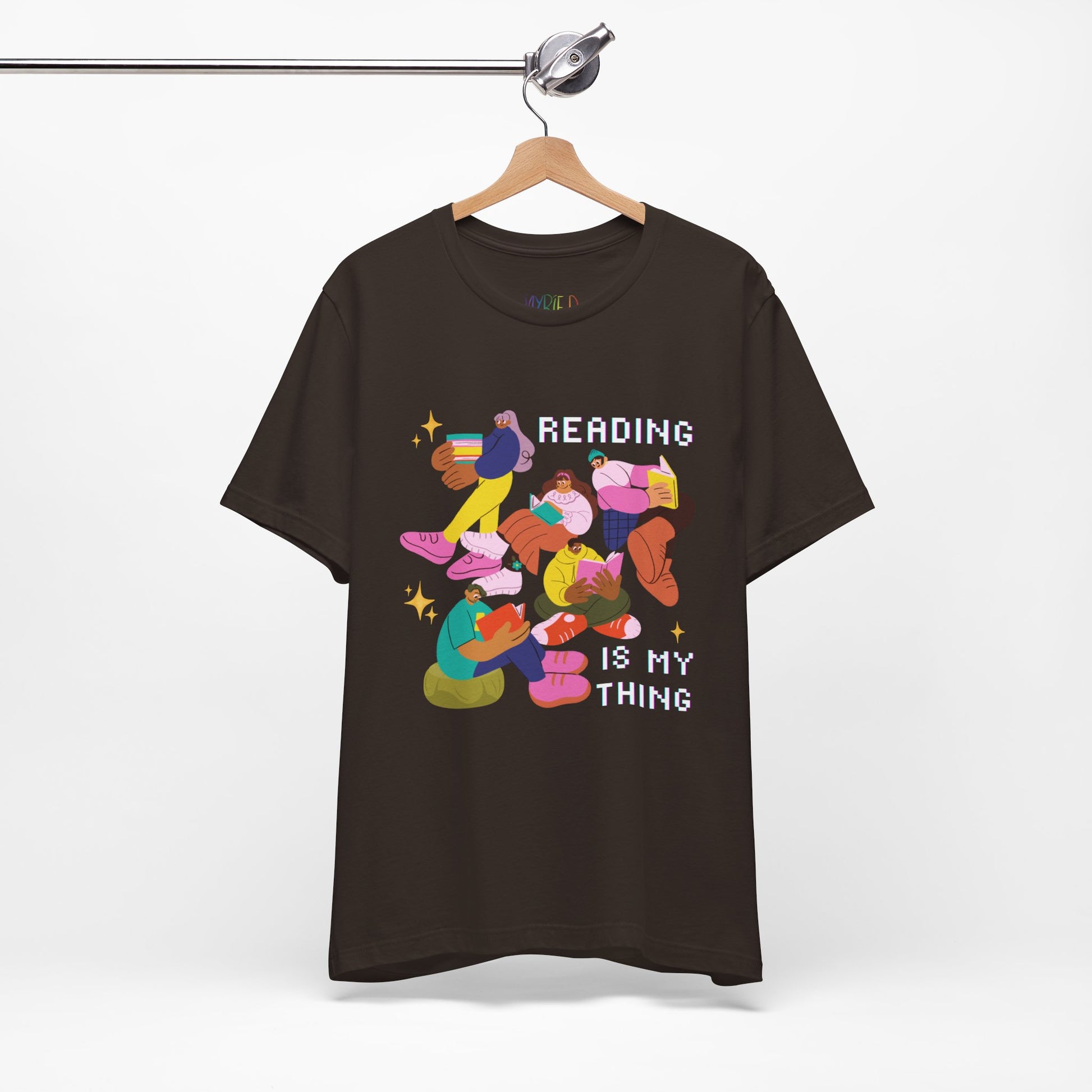 Black t-shirt with colorful modern people reading books and 'Reading is my thing' text 
