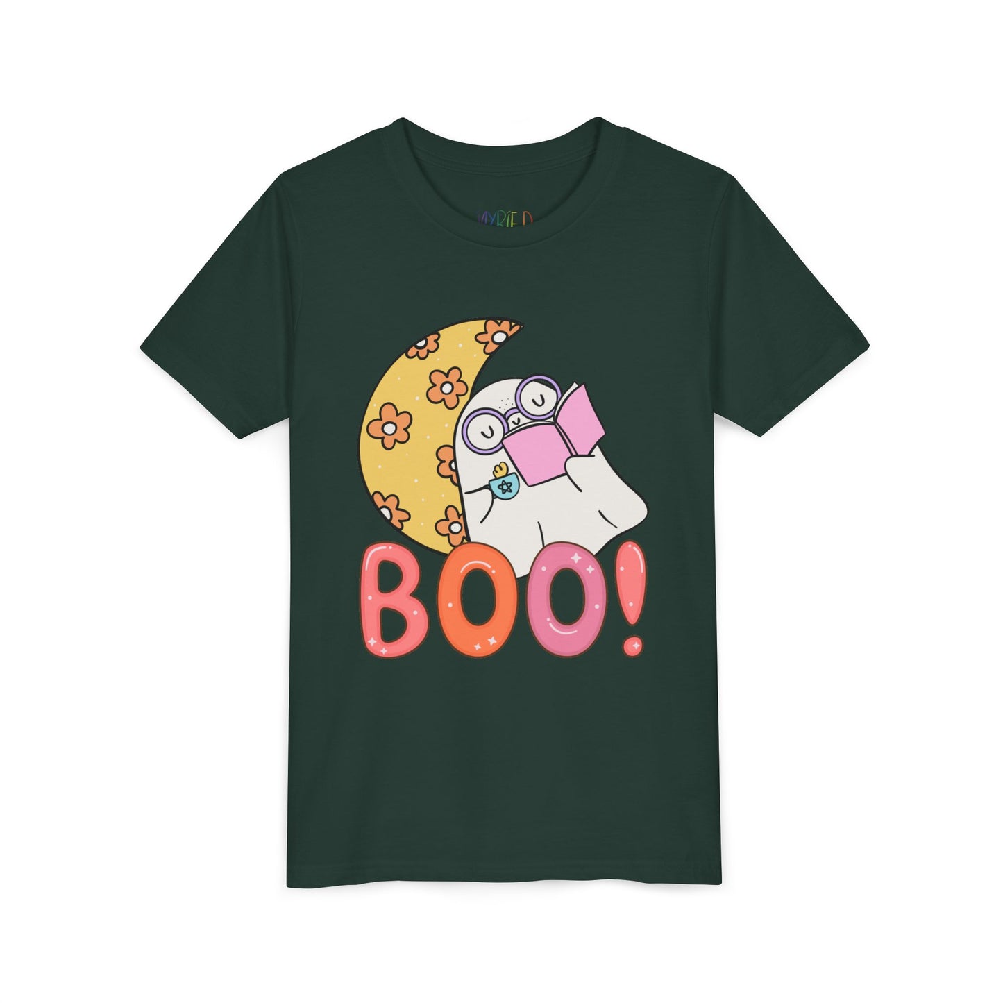 Dark green t-shirt with a cartoon ghost leaning on a crescent flowered moon with a hot beverage and a good book, text 'BOO!' in large letters 