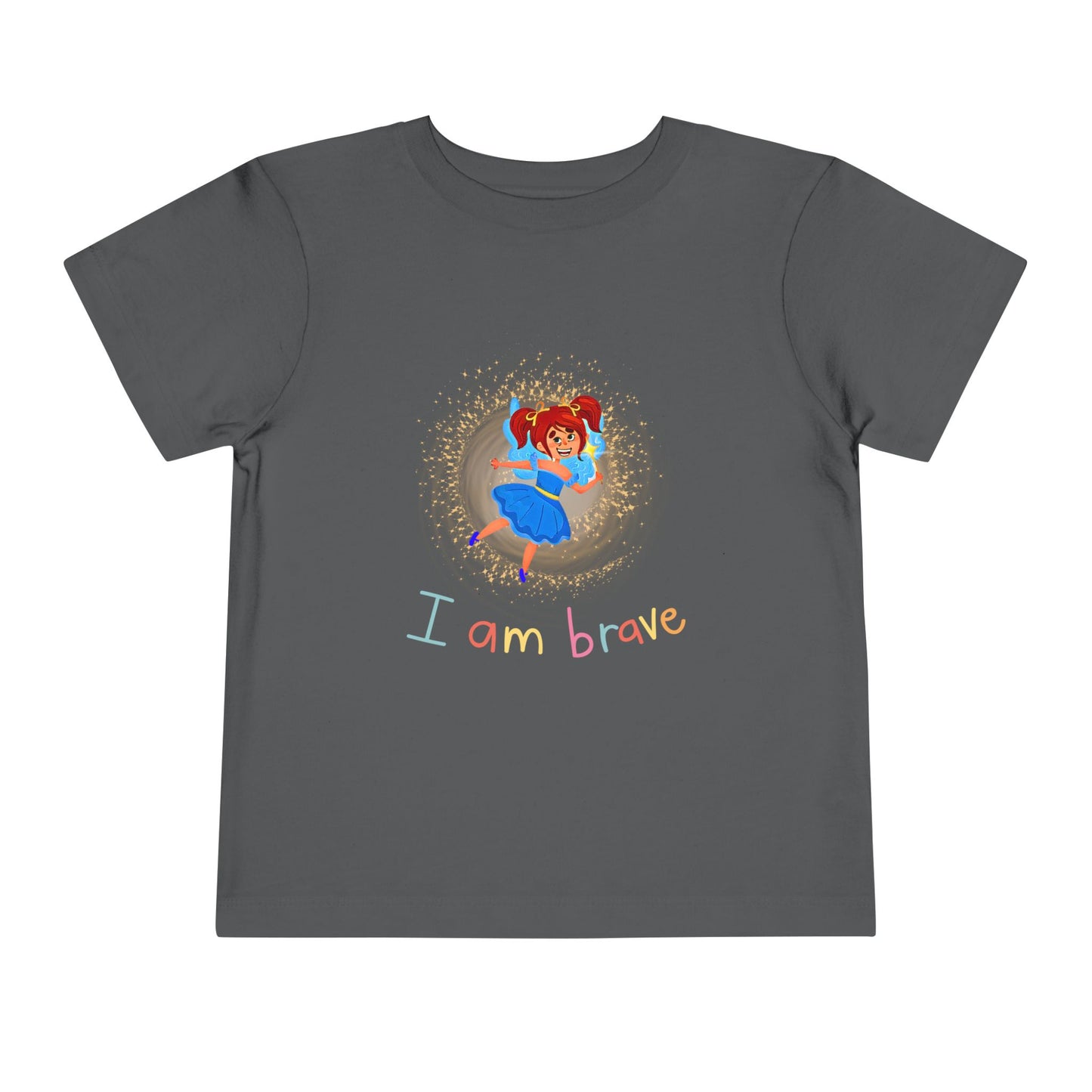 Gray toddler t-shirt with a fairy in spiral of sparkling light and text 'I Am Brave' 