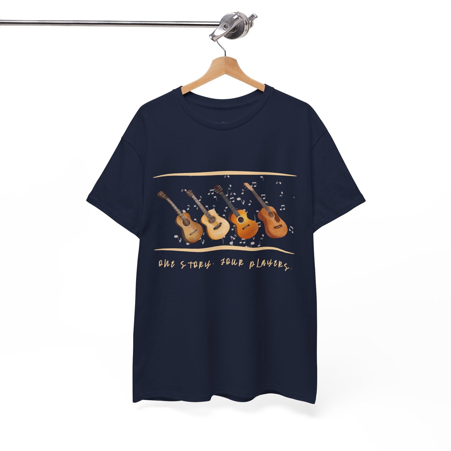 Navy t-shirt with four guitars and text 'one story, four players'