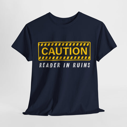 Teen/Adult Unisex Tee – CAUTION: Reader in Ruins (Yellow Caution)