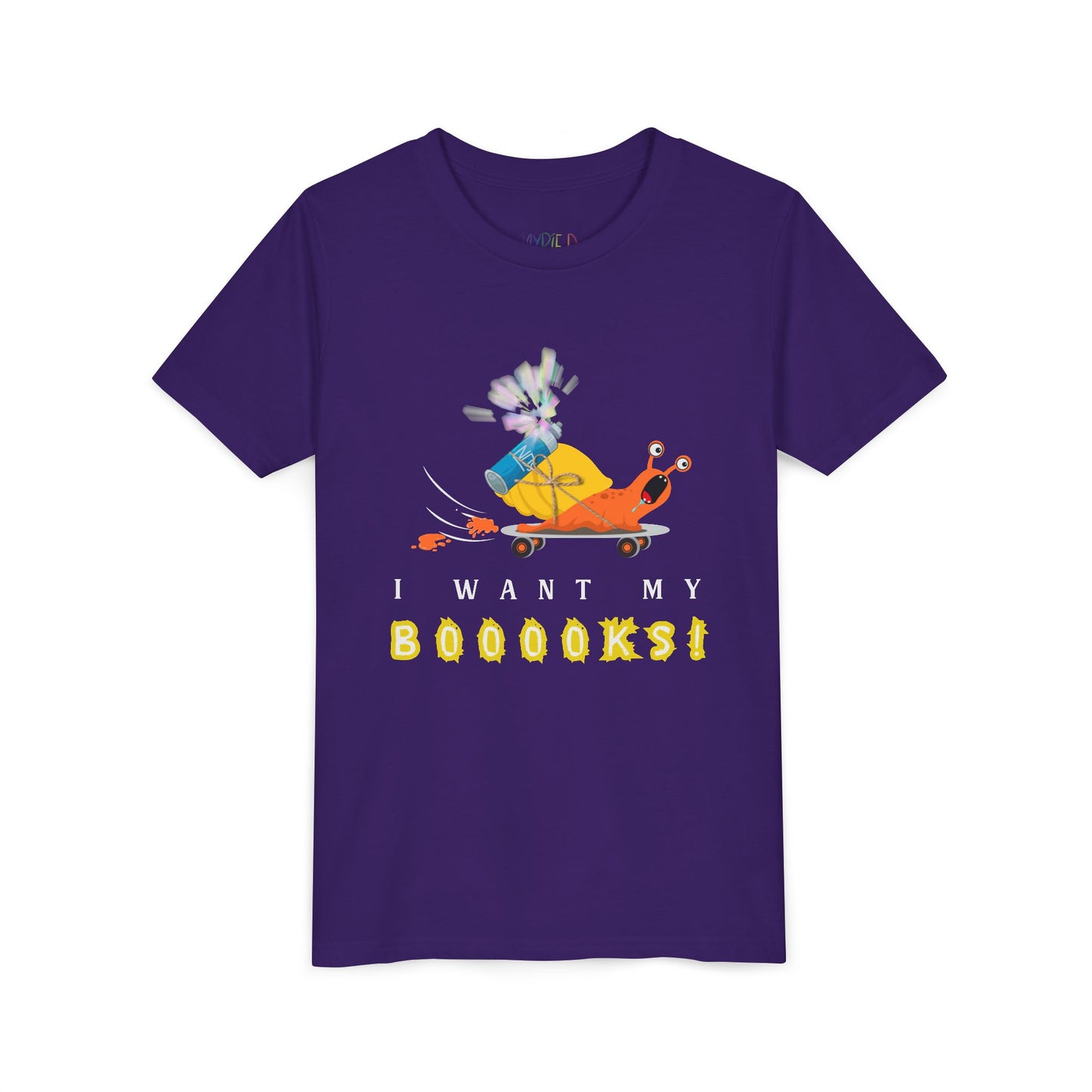 Purple t-shirt with screaming cartoon snail on a skateboard, NOS strapped to it's back, and text 'I want my Boooks!' 