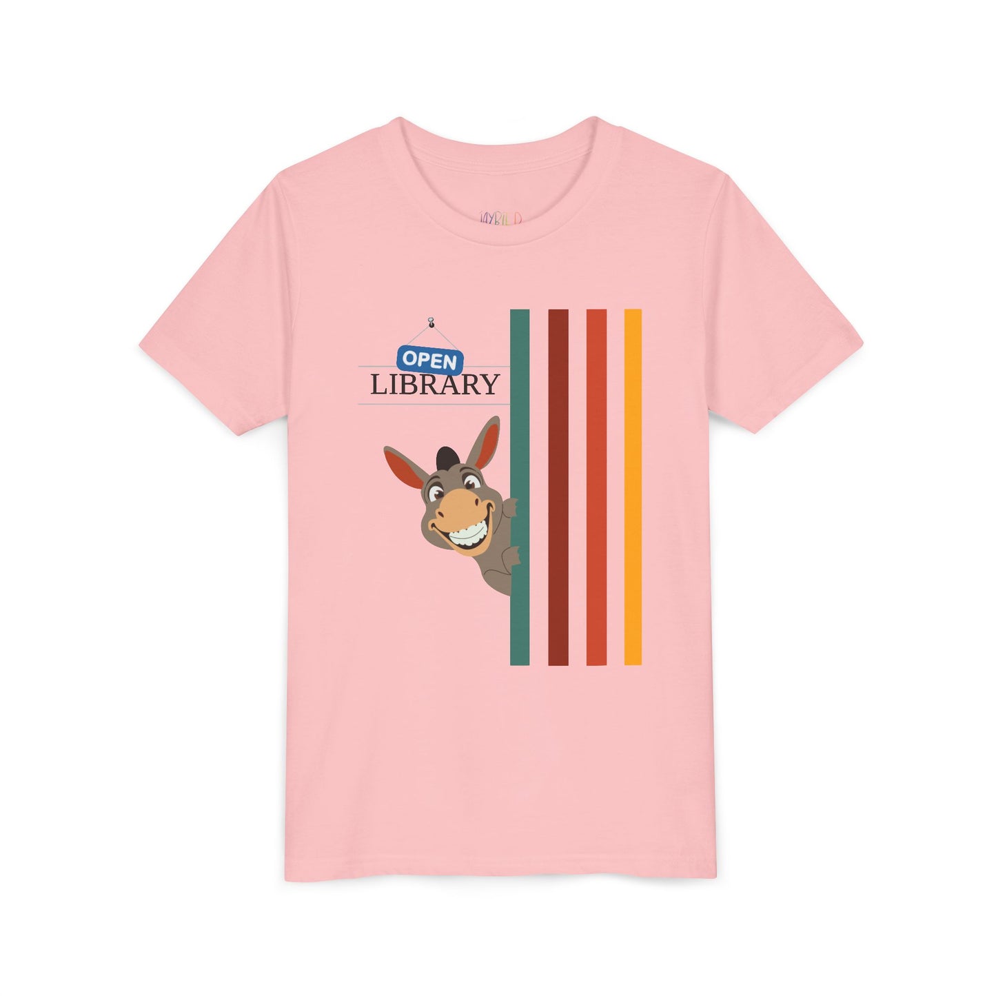 Pink t-shirt with cartoon donkey peaking around a rainbow wall and text 'Open Library'