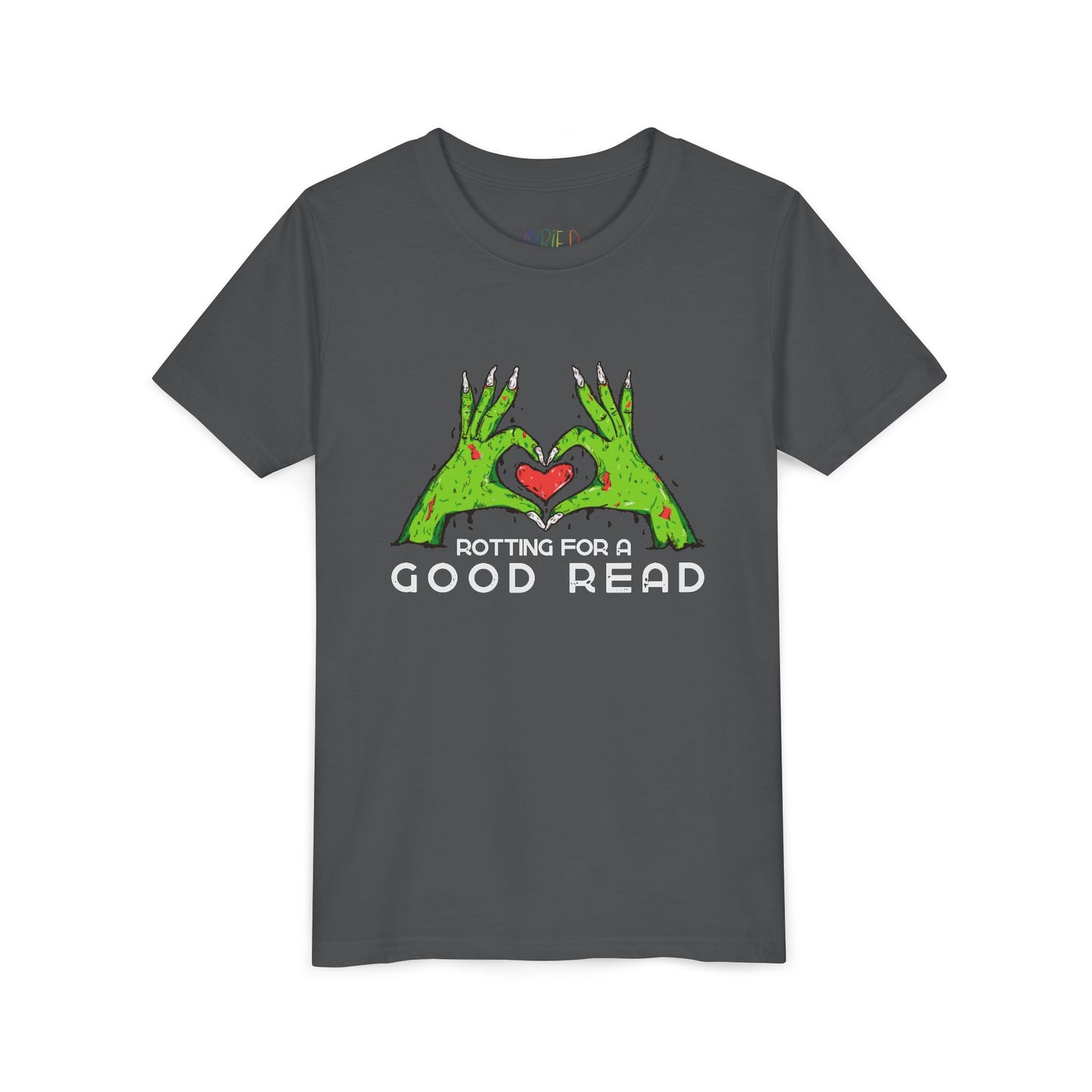 Gray t-shirt with two zombie hands holding a heart and text "rotting for a good read"