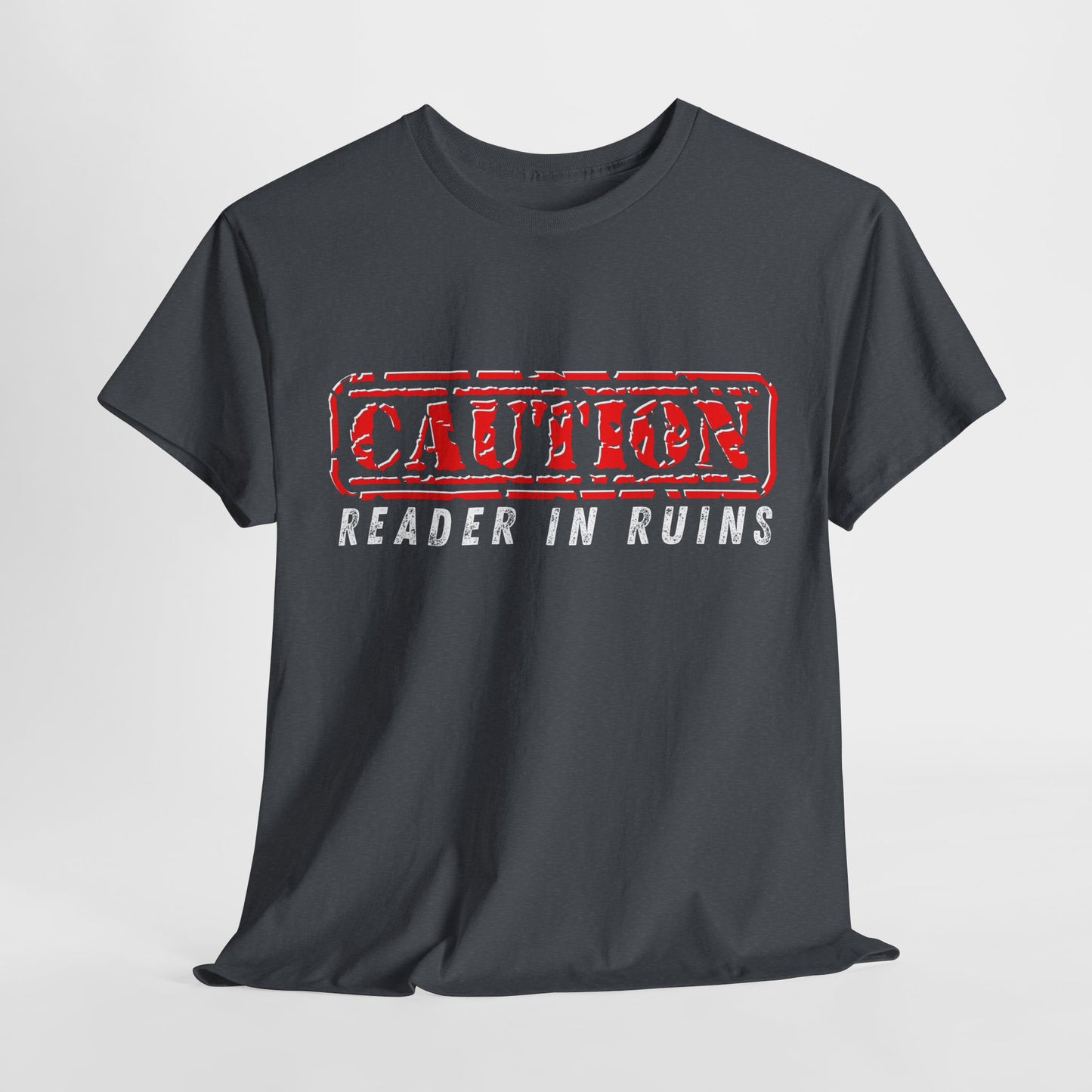 Teen/Adult Unisex Tee – CAUTION: Reader in Ruins (Red Caution)