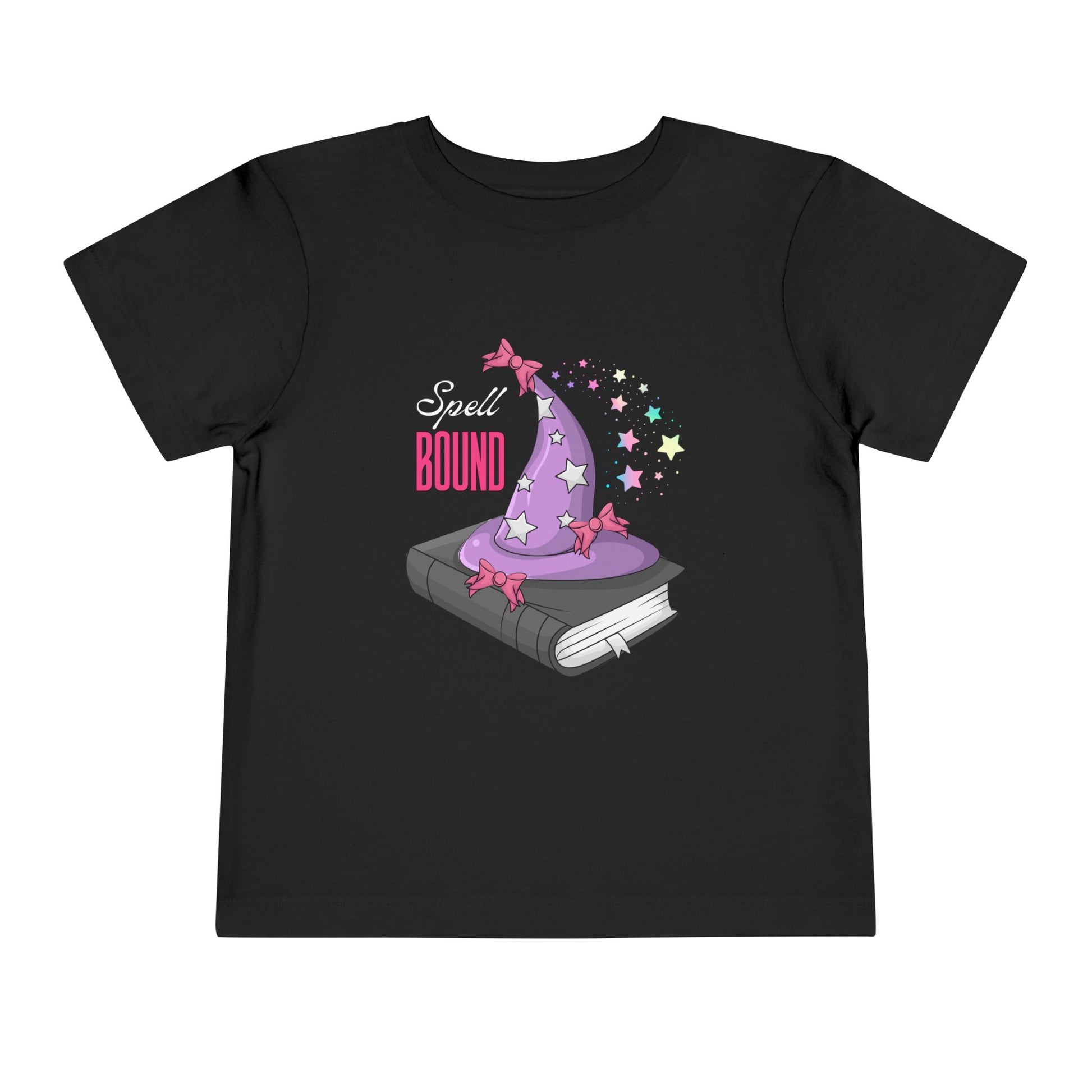 Black toddler t-shirt with a wizard hat atop a book and 'Spell Bound' text on a white background