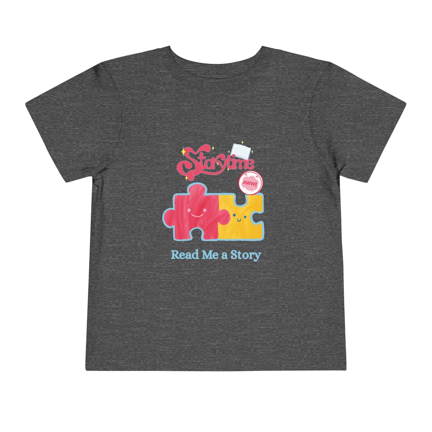 Gray toddler t-shirt with colorful puzzle pieces and 'Read Me A Story' text 