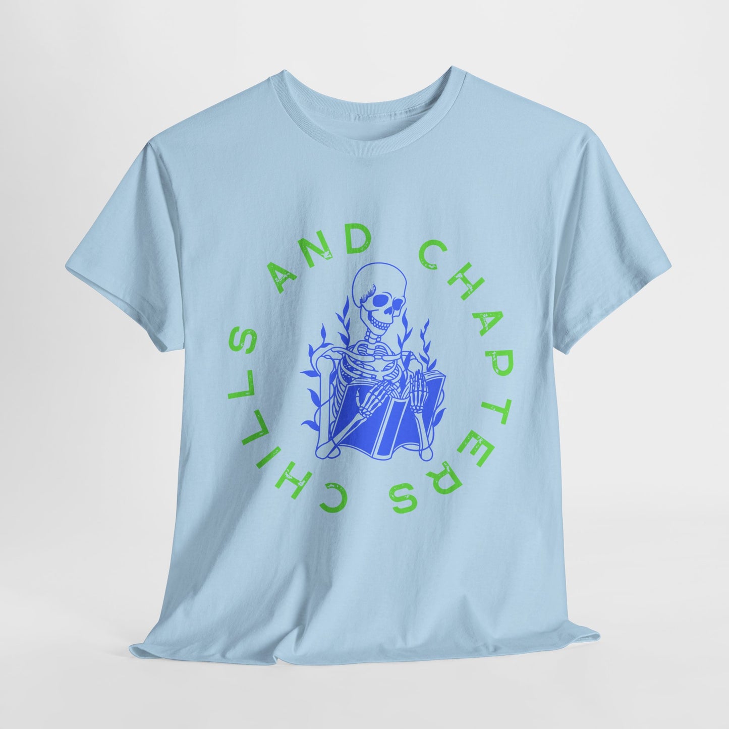 Teen/Adult Unisex Chills and Chapters T-Shirt – Skeleton Horror Reader Graphic Tee