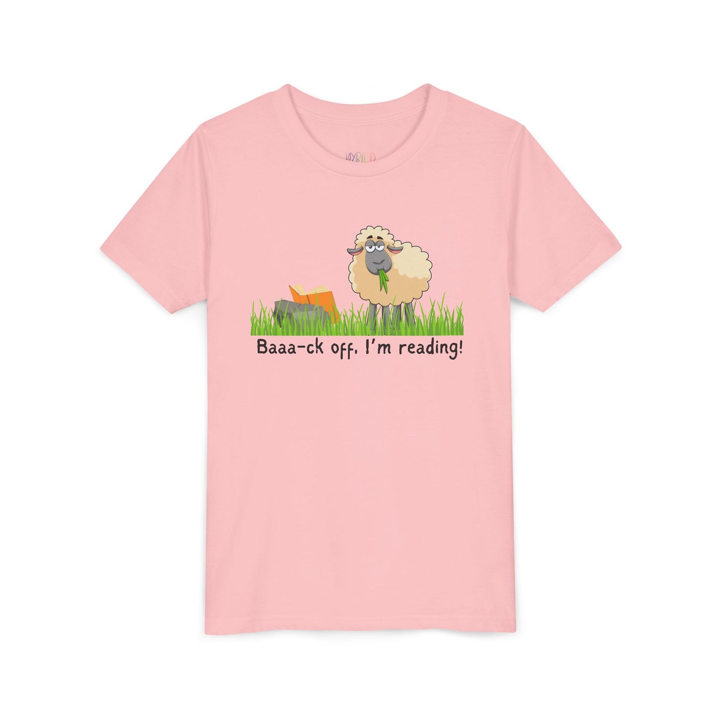 Pink t-shirt with a sheep graphic reading a book and text 'Baaa-ck off, I'm reading!'