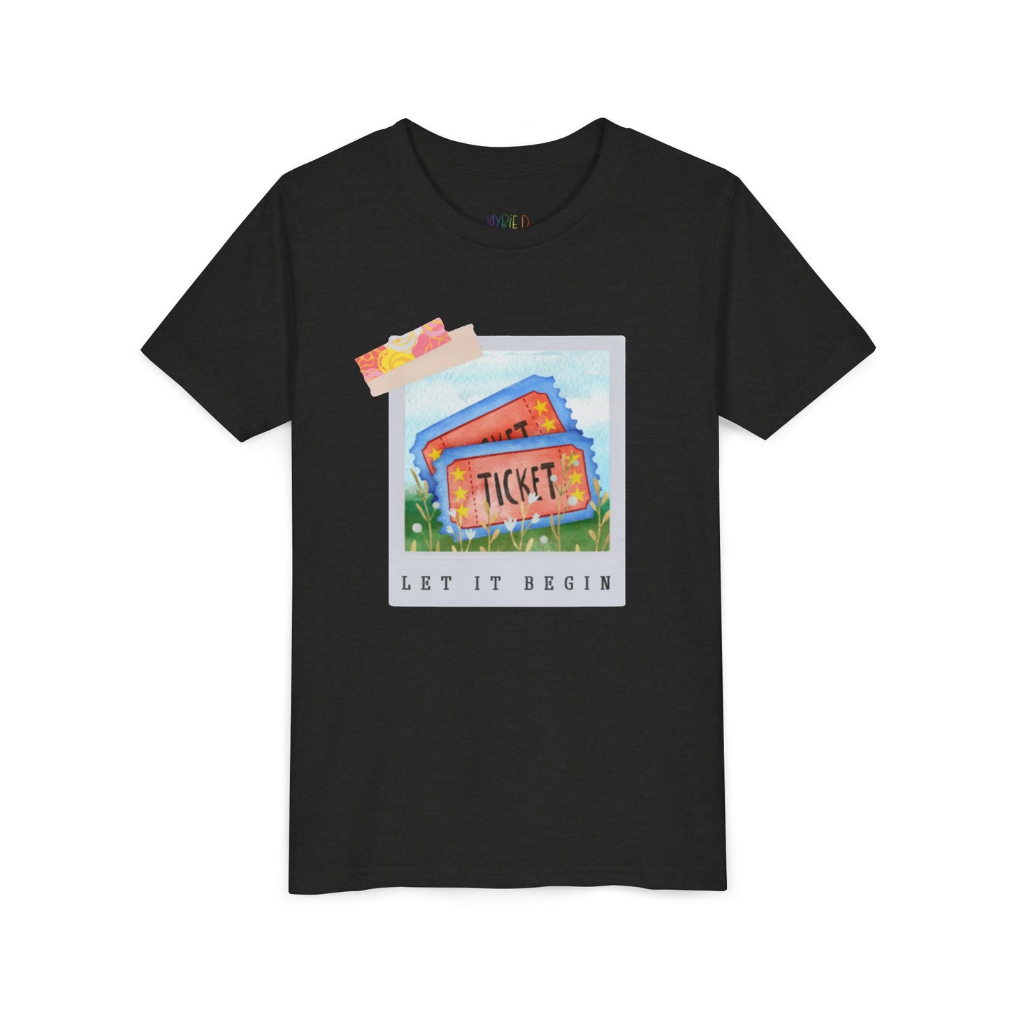Black t-shirt with a polaroid of two tickets and text 'Let It Begin' 