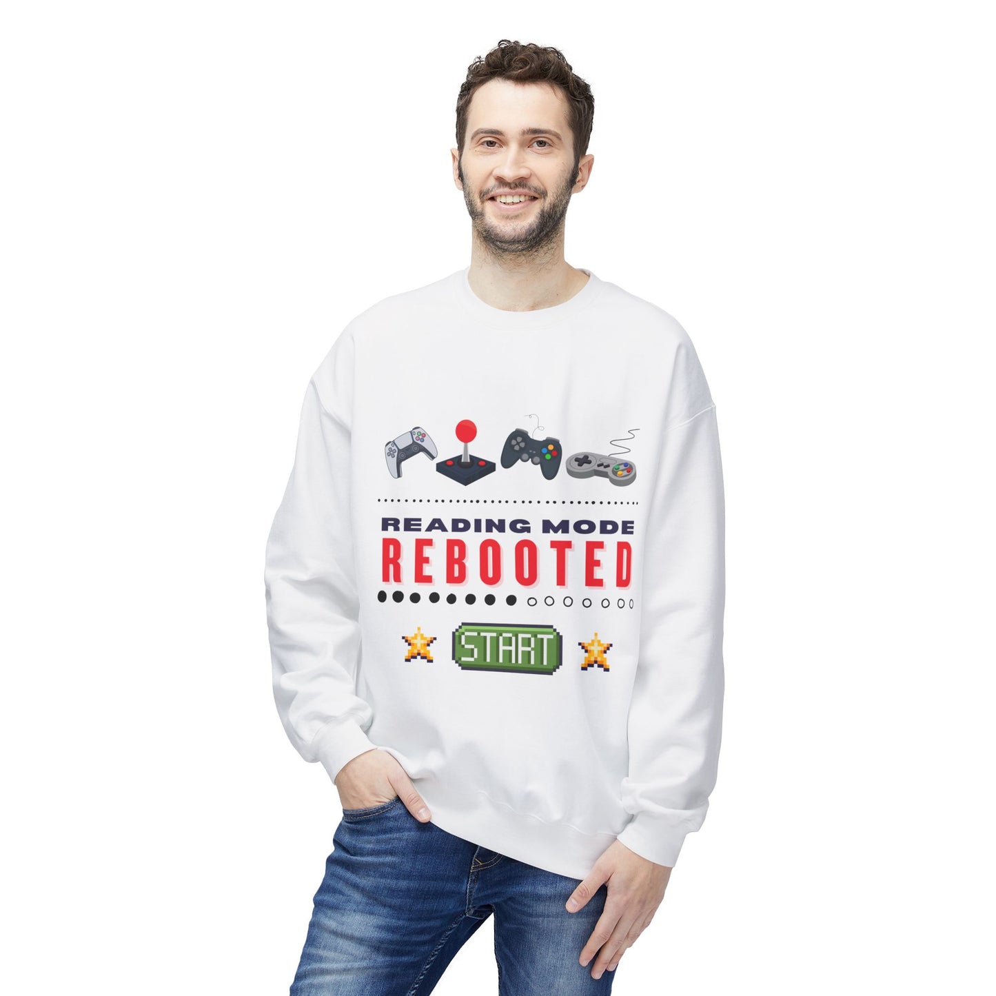 Man waring a white sweatshirt with gaming-themed design and text 'Reading Mode Rebooted'