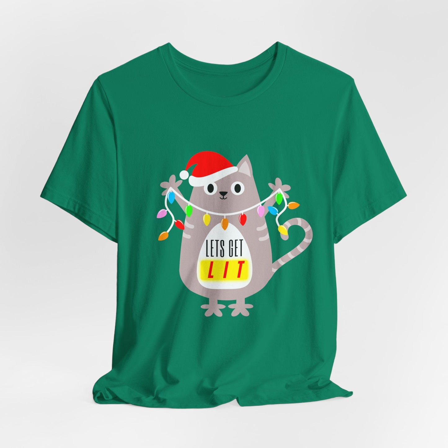 Teen/Adult Unisex Letâ€™s Get Lit T-Shirt â€“ Festive Cat Christmas Lights Design Printify