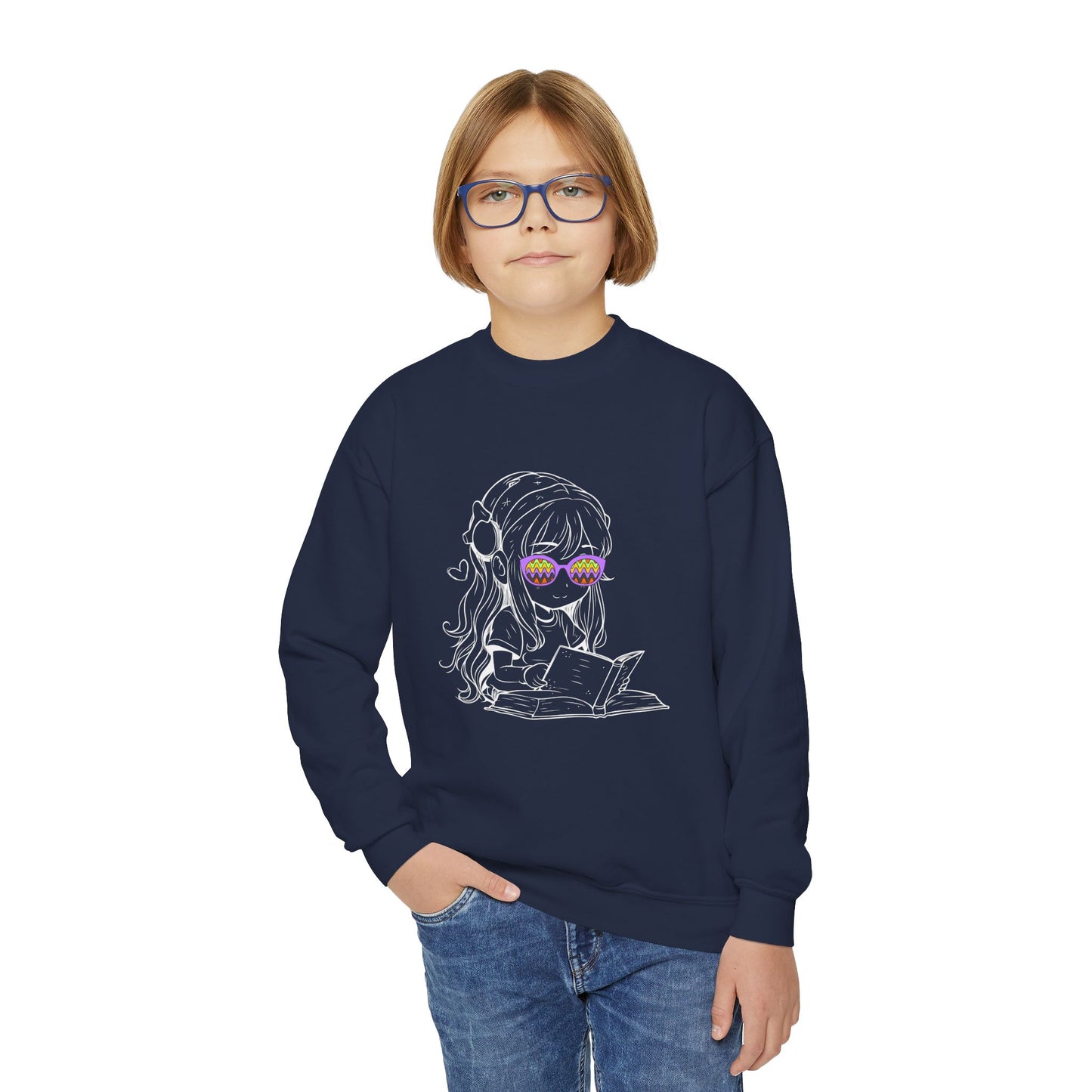 Boy wearing a navy blue sweatshirt with a white sketched drawing of a girl reading a book in colorful glasses
