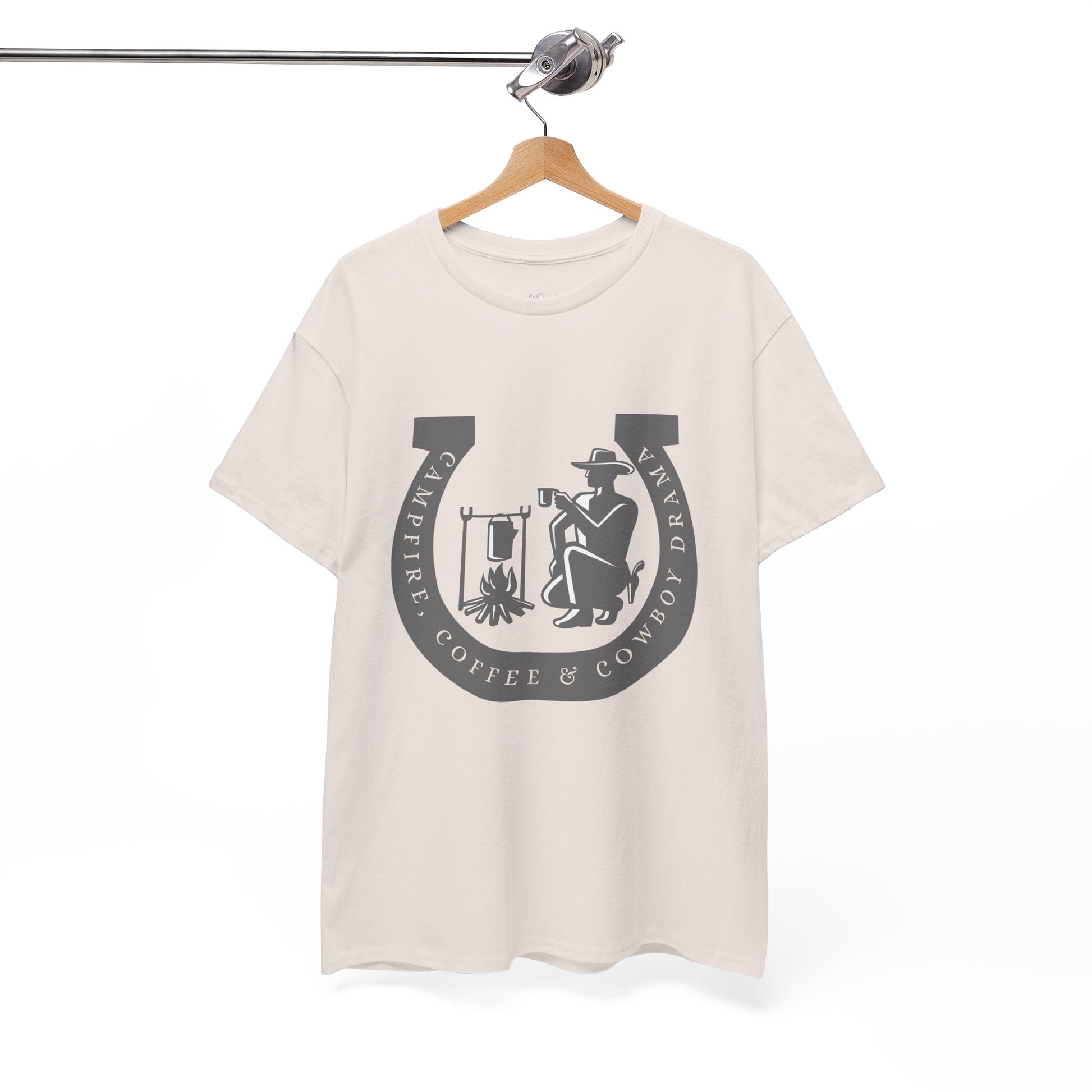 Ice gray t-shirt with a large gray horseshoe graphic around a cowboy campfire and text 'Campfire, Coffee & Cowboy Drama'